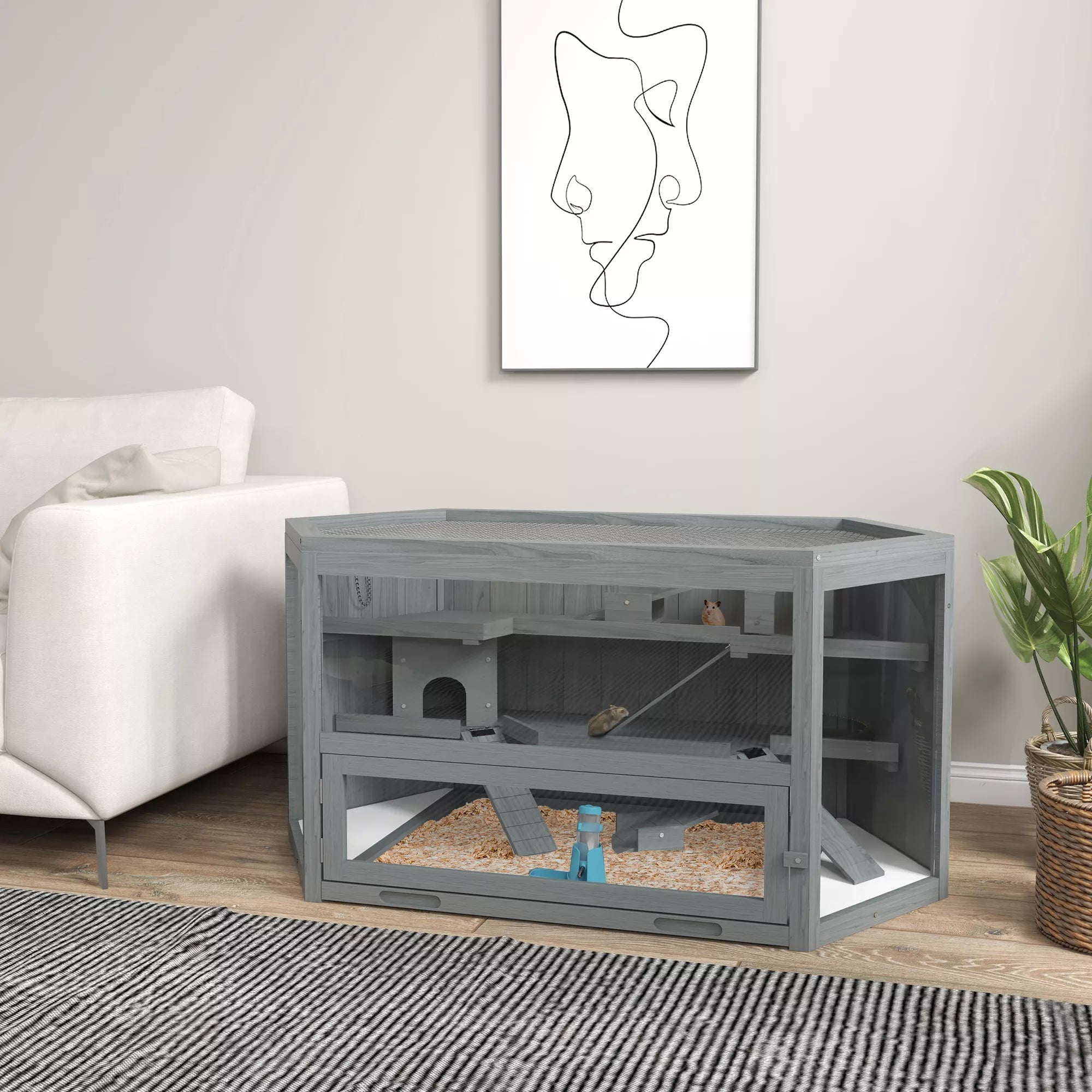 Narvas žiurkėnams su 3 aukštais ir išimamu padėklu, pilkas, 115x60x55 cm