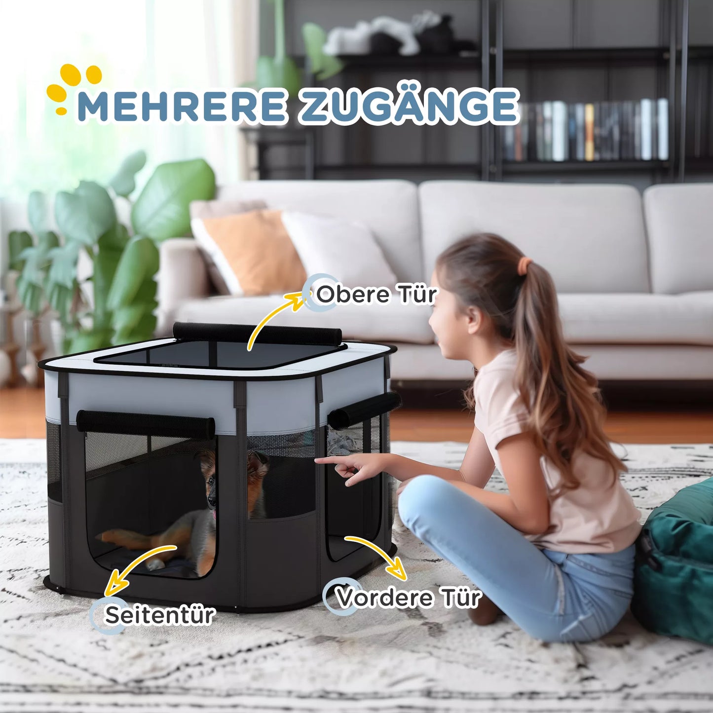 Sulankstomas žaidimų aptvaras naminiams gyvūnams su laikymo krepšiu, skirtas šuniukams ir kačiukams, naudoti lauke ir viduje, pilkos spalvos