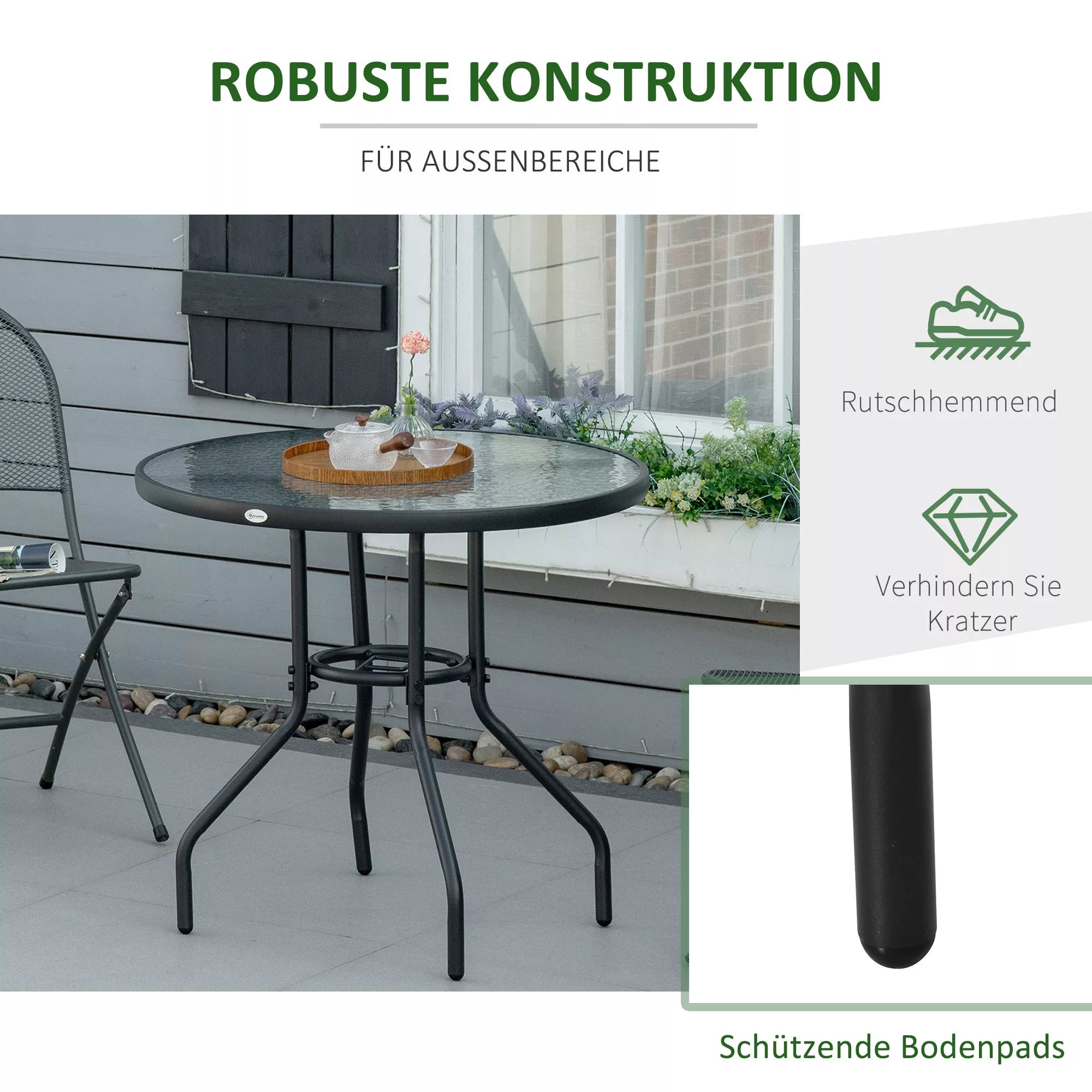 Sodo stalas Sodo pagalbinis stalas Sodo baldai Balkono stalas Bistro stalas su skėčio skyle Kietas stiklas + metalas Juodas Ø80 x 72 cm