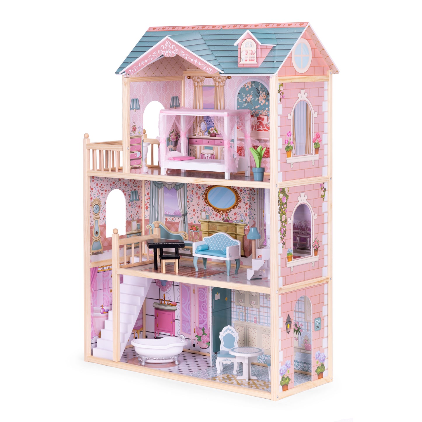 Didelis medinis lėlių namas, 3 aukštų, su 11 baldų komplektu, ECOTOYS