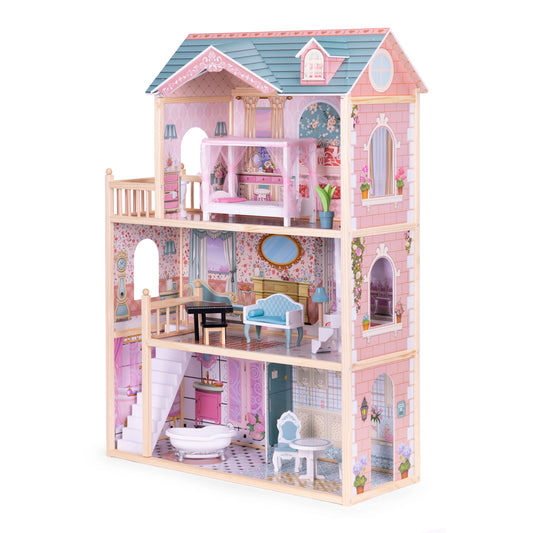 Didelis medinis lėlių namas, 3 aukštų, su 11 baldų komplektu, ECOTOYS
