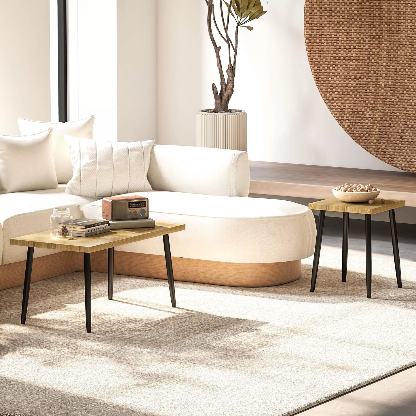 2 vnt. kavos staliukų komplektas, didelis ir mažas staliukas su metaliniu rėmu ir medine plokšte, lankstūs kavos staliukai, natūralaus medžio