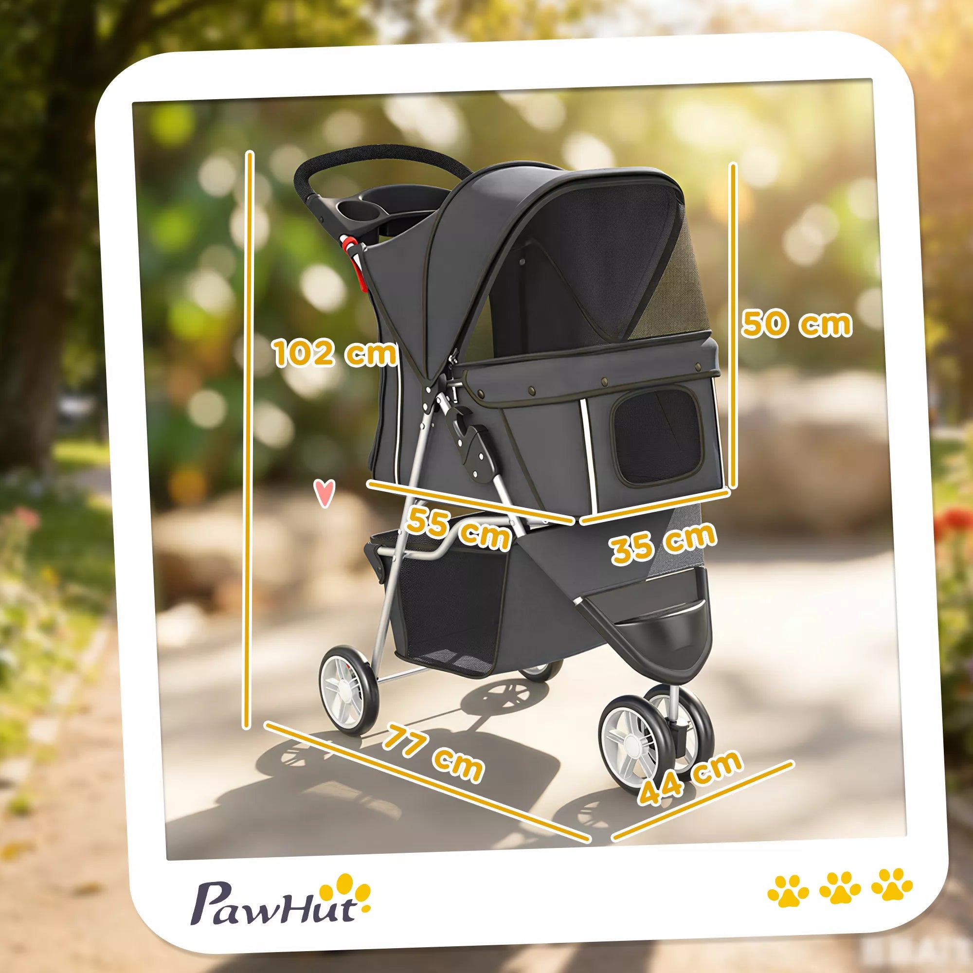 Sulankstomas šunų vežimėlis su reguliuojamu stogu, daiktų laikymo krepšeliu, skirtas mažiesiems šunims iki 10 kg, 77 x 44 x 102 cm, tamsiai pilkos spalvos.