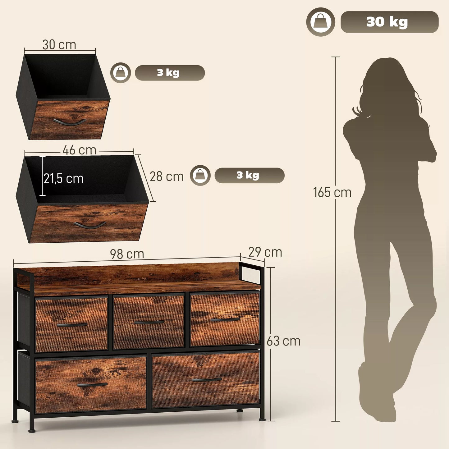 Komoda su sulankstomais audinio stalčiais, melamino mediena, plieninis rėmas, ruda