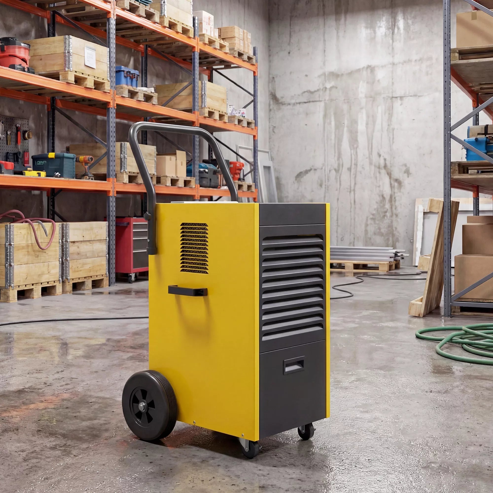 Profesionalus oro sausintuvas, 70 l/parą, su ratukais ir rankena, nuolatinio išleidimo žarna, 24 valandų laikmatis, 5,5 l talpos bakas, geltonos spalvos