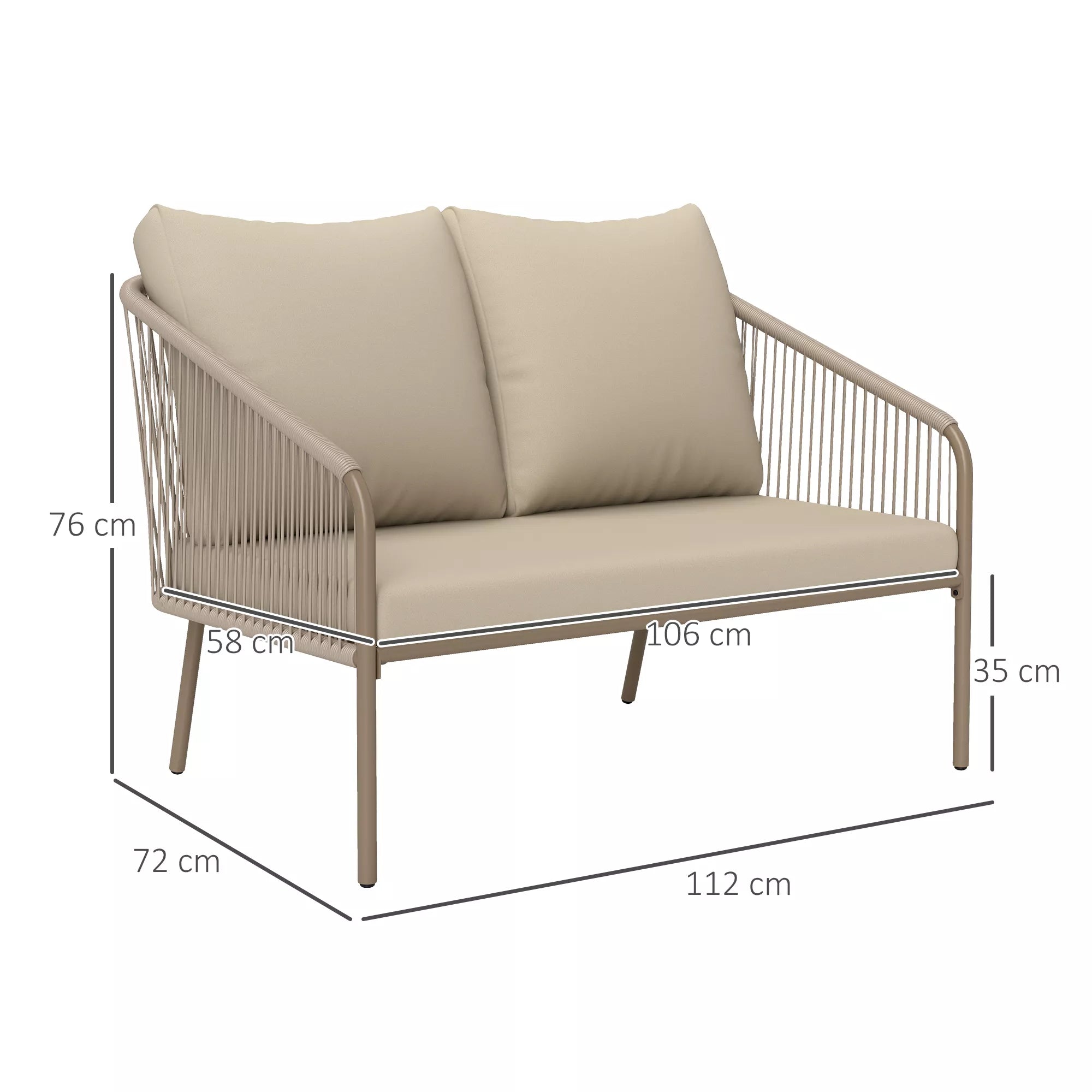 2-vietė rotango sofa su pagalvėlėmis, poilsio sofa, atspari oro sąlygoms, smėlio spalvos
