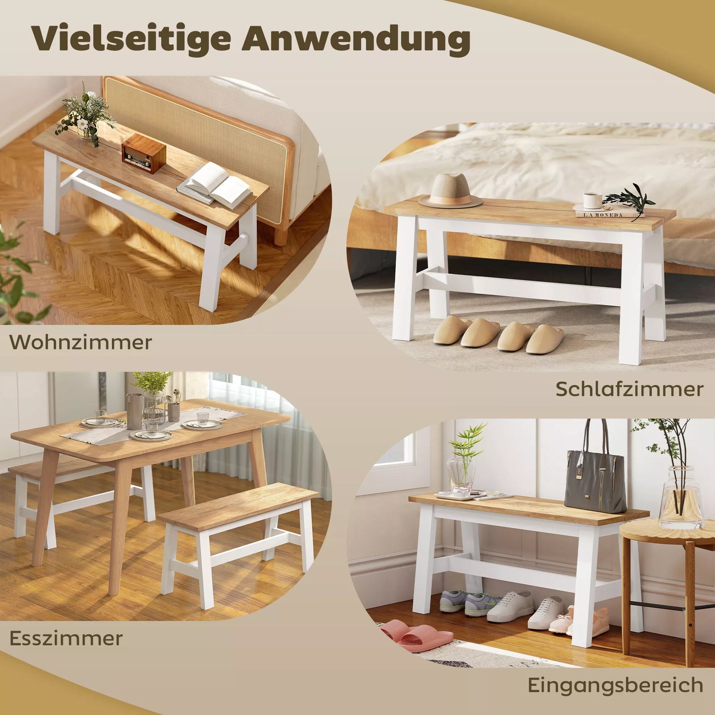 Suolas 2 vietoms, medinis suolas ąžuolo išvaizdos, su stabilizuojančia skersine atrama, skirtas svetainei, valgomajam, koridoriui, pagamintas iš kaučiukmedžio, baltos spalvos