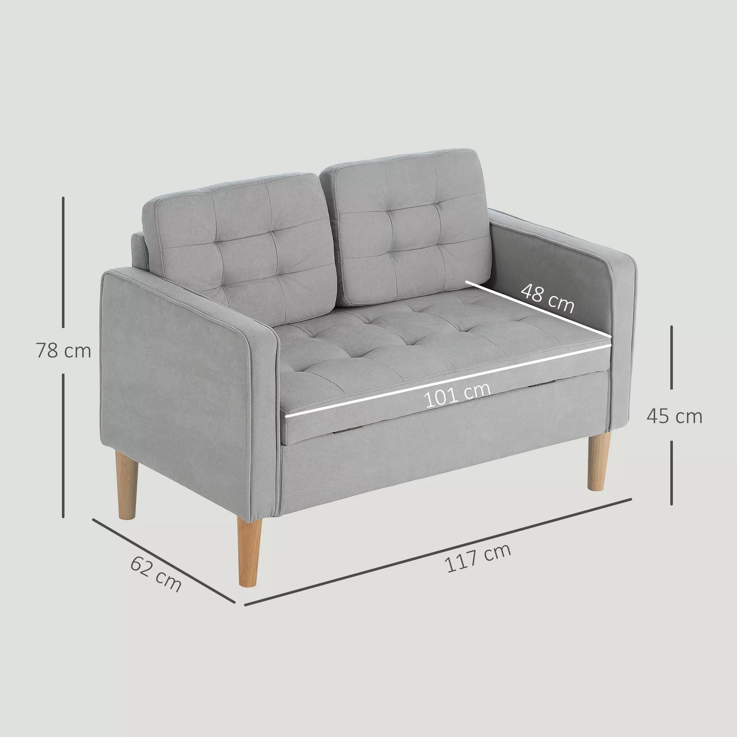 Dvivietė sofa su daiktadėže ir dekoratyvinėmis sagomis, 117x62x78cm (šviesiai pilka)