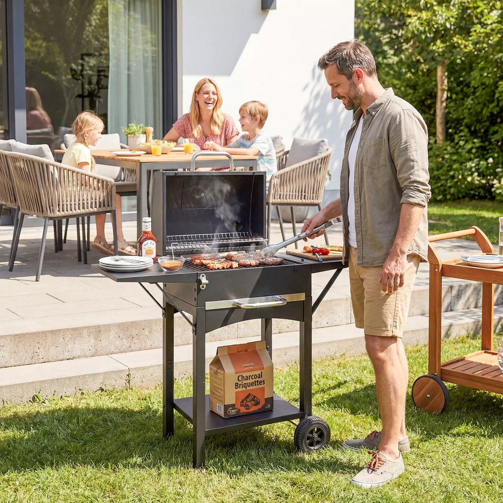 Anglies grilis su dangčiu, BBQ rūkymo grilis su 2 šoniniais stalais Didelis grilio paviršius Grilio grotelės Termometras Ratai