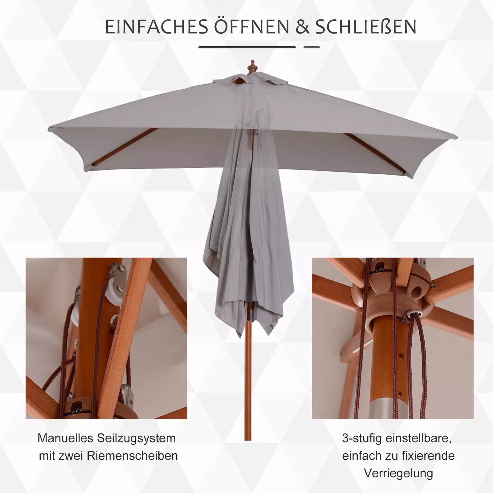 Skėtis nuo saulės 200 x 150 x 235 cm Sulankstomas sodo skėtis, reguliuojamas 3 pakopomis, stačiakampis, atsparus vandeniui ir UV spinduliams, skirtas paplūdimiui, balkonui, terasai, sodui, pilkos spalvos