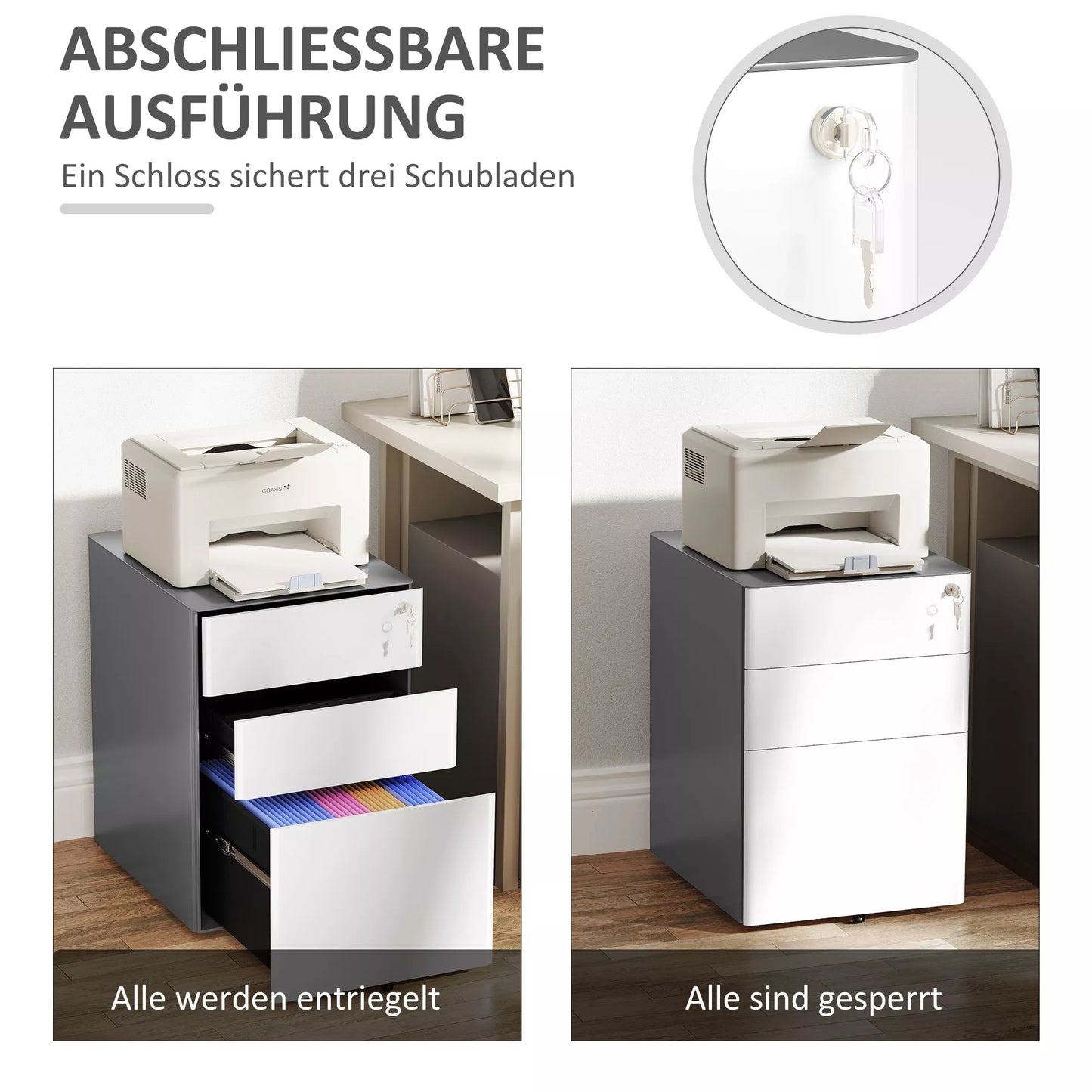 Failų spinta, mobilus stalčių blokas, 3 stalčiai ir pakabinamos segtuvų sistemos, užraktas, plieninė korpusas, 39x48x59 cm, balta+pilka