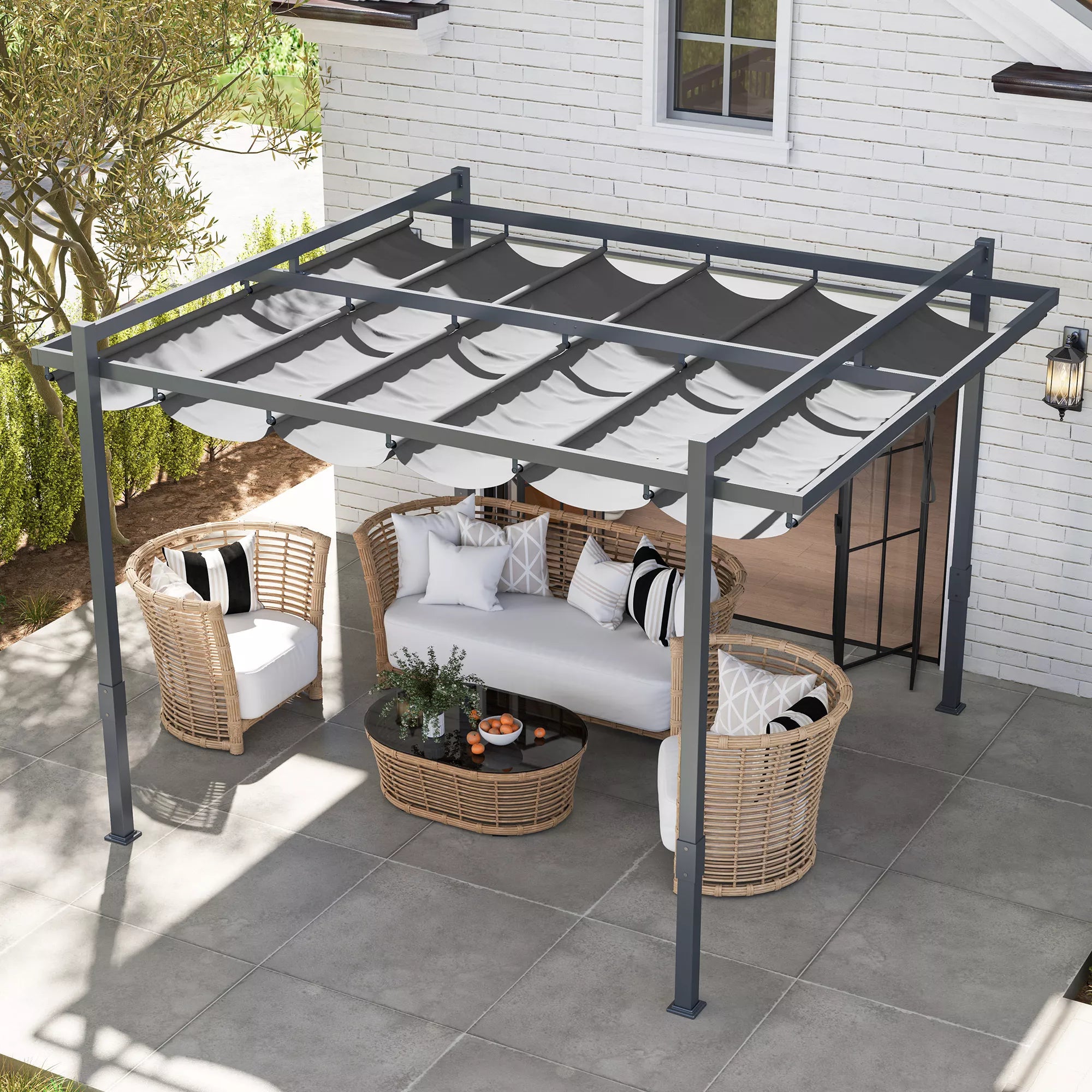 Pergola paviljonas, apie 3,5 x 3 m, aliuminis, stabilus, atsparus žiemos sąlygoms, saulės apsauga su reguliuojamu stumdomu stogu, pilkos spalvos