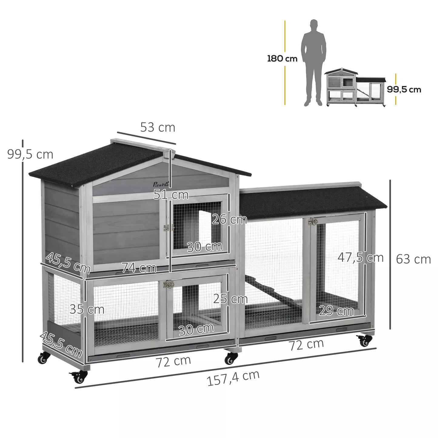 Triušių narvas 2 aukštų medinis triušių narvas 157,4 x 53 x 99,5 cm Triušių narvas su atspariu atmosferos poveikiui bituminiu stogu, laisvo judėjimo aptvaru, rampa, durimis, plieniniu tinklu, triušių narvas, lauko pilkos spalvos