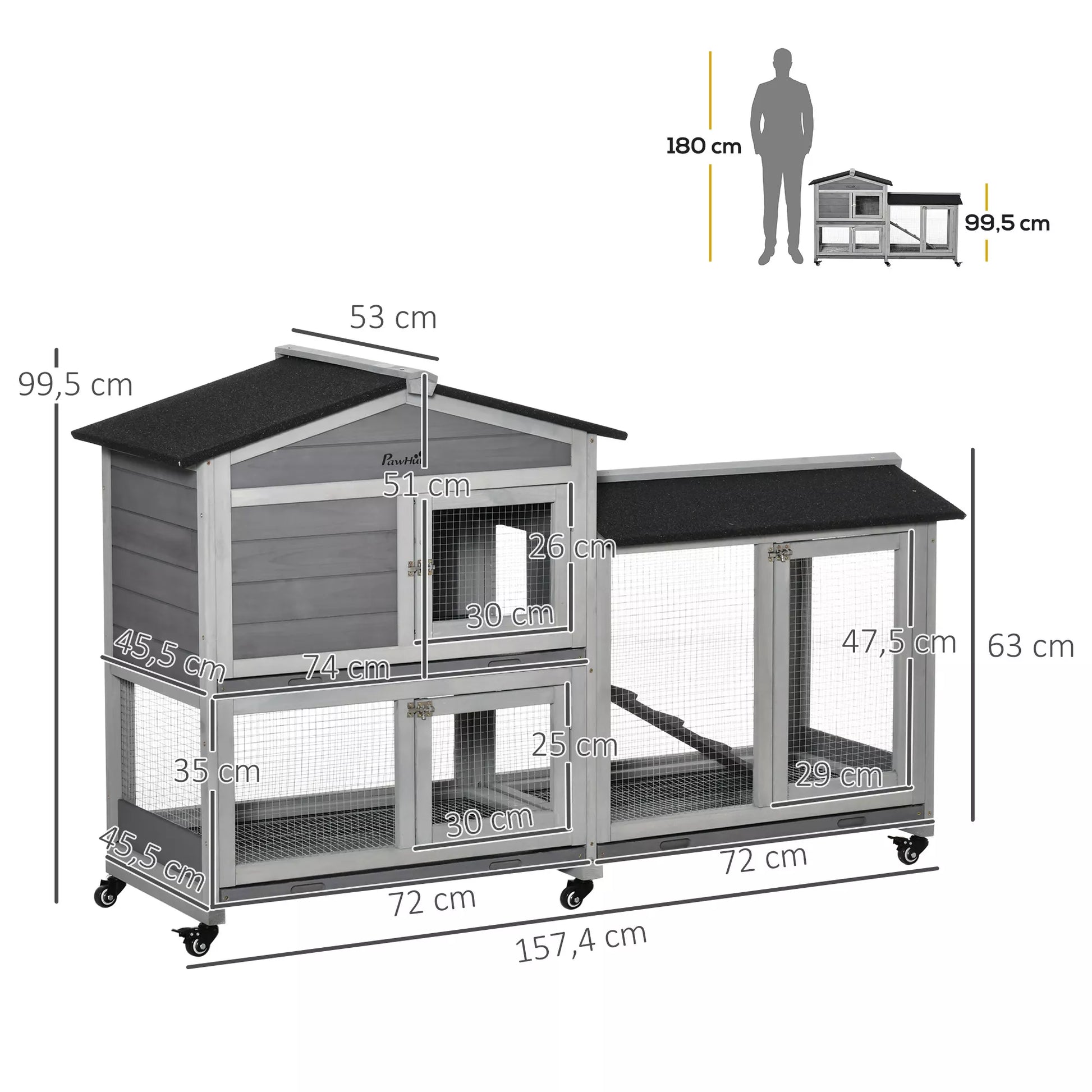 Triušių narvas 2 aukštų medinis triušių narvas 157,4 x 53 x 99,5 cm Triušių narvas su atspariu atmosferos poveikiui bituminiu stogu, laisvo judėjimo aptvaru, rampa, durimis, plieniniu tinklu, triušių narvas, lauko pilkos spalvos