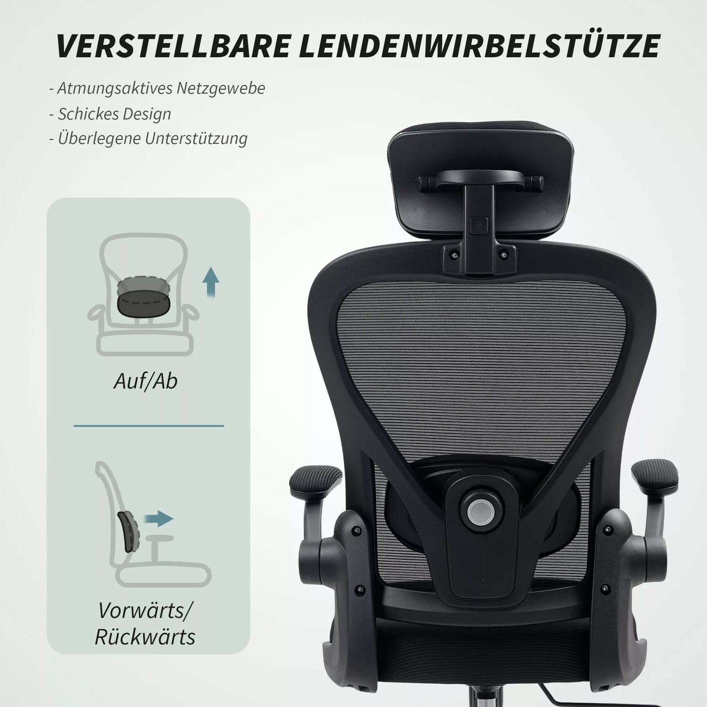 Ergonomiška biuro kėdė su atlenkiamais porankiais, reguliuojama juosmens atrama, juoda