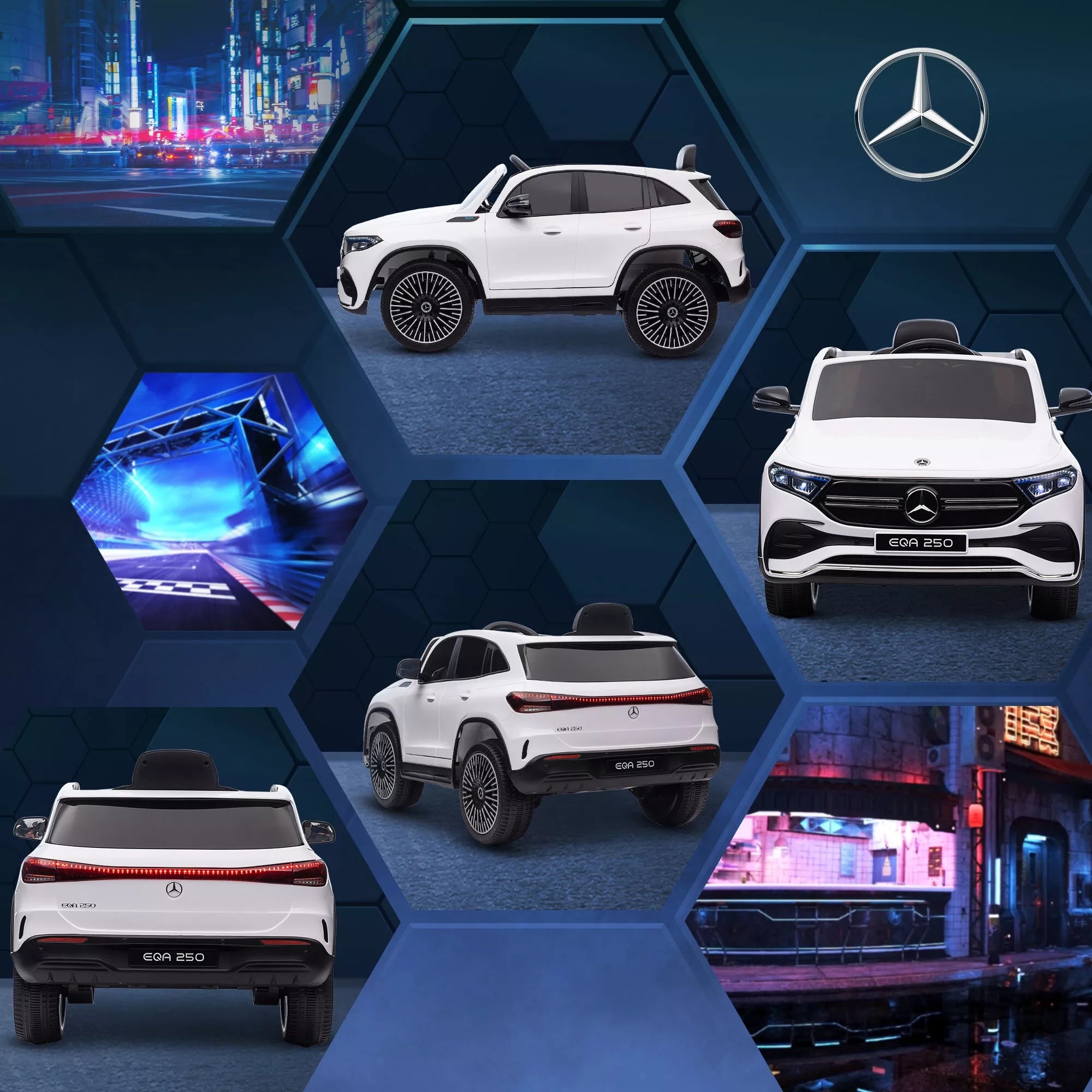 Elektrinis vaikų automobilis, licencijuotas „Mercedes-Benz EQA“, 3–8 km/h, muzika, žibintai, signalas, nuotolinis valdymas, baltas