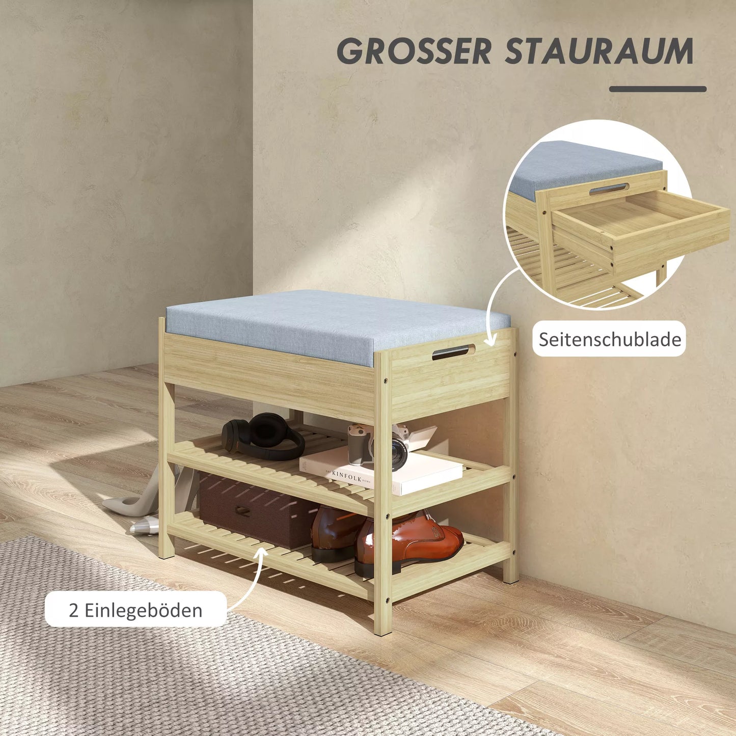 Batų suoliukas-lentyna, 2 lentynos, sėdimoji dalis, bambukas, 55 cm x 35 cm x 46 cm, pilka + natūrali