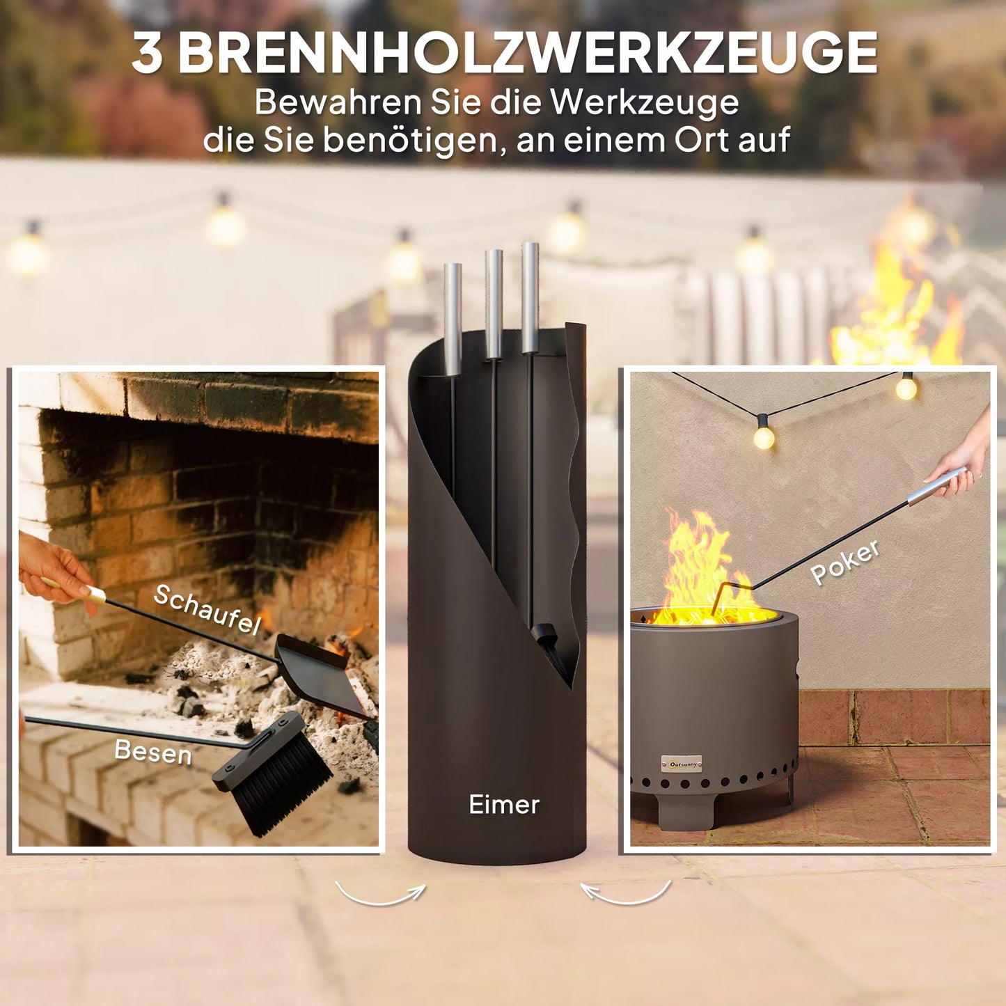 4 dalių židinio įrankių komplektas su šluota, semtuvėliu, pakūrio iečiu ir krepšiu, židinio reikmenys, metalas, juodas