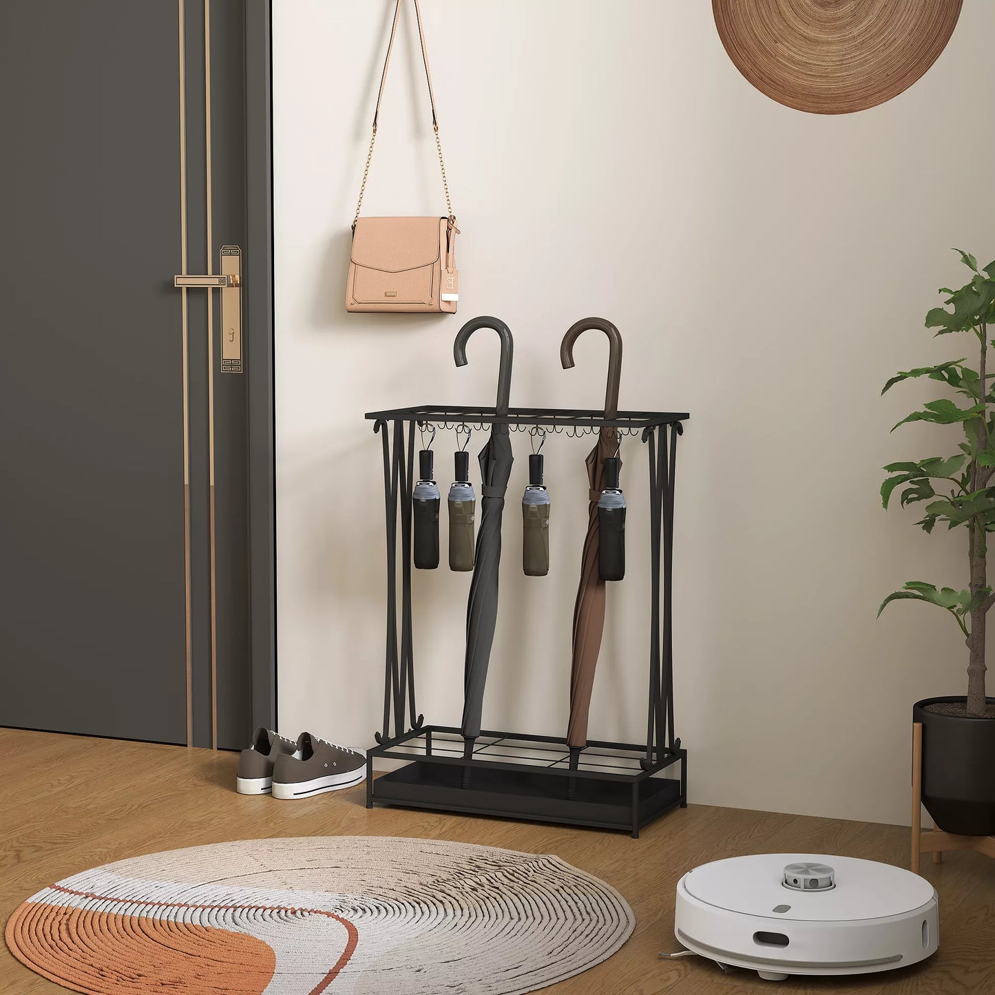 Skėčių stovas su išimamu vandens rinktuvu, skėčių stovas su 21 anga ir 24 kabliukais, plienas, juodas