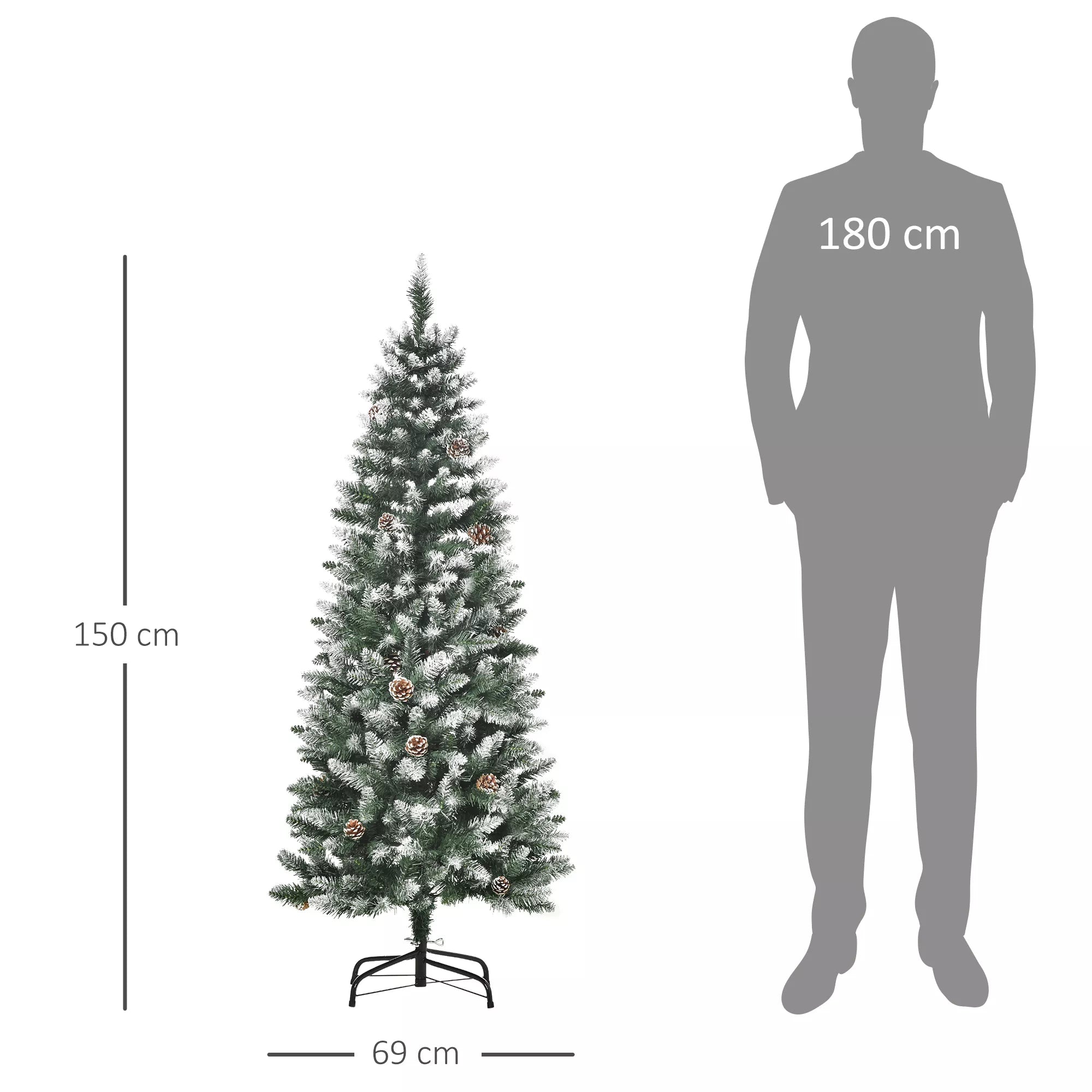 Dirbtinė Kalėdų eglė, 630 šakų, 37 kankorėžiai, snieguotos viršūnės, atspari ugniai, 150 cm