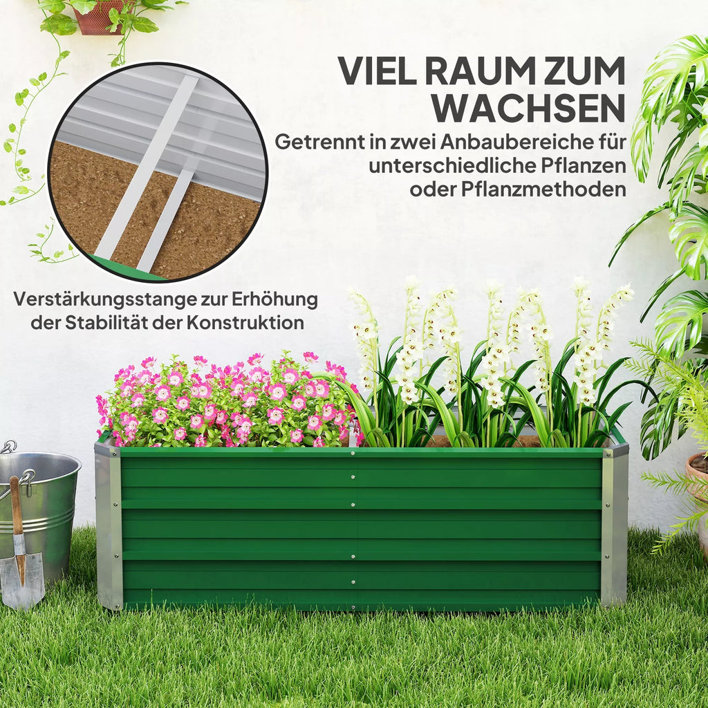 Žalia metalinė lysvė su gėlėmis ir sutvirtinimo strypų infografika