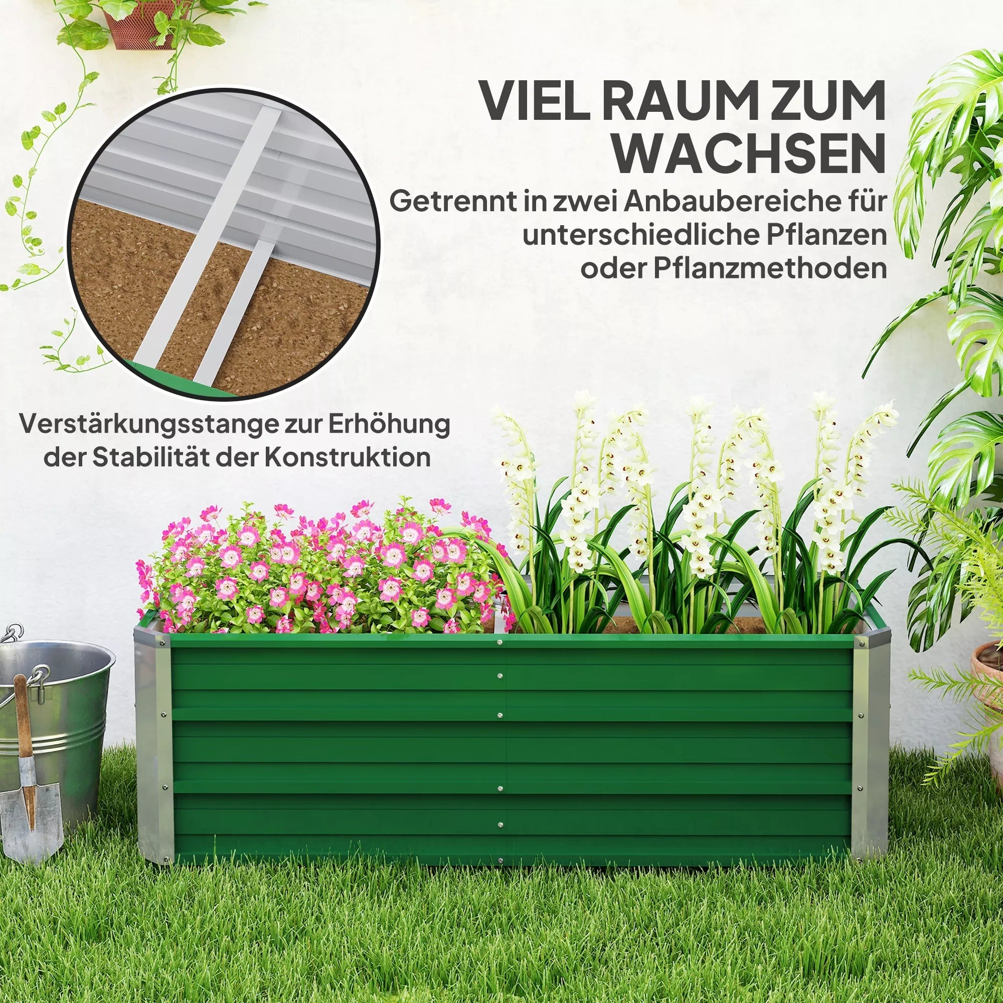 Žalia metalinė lysvė su gėlėmis ir sutvirtinimo strypų infografika