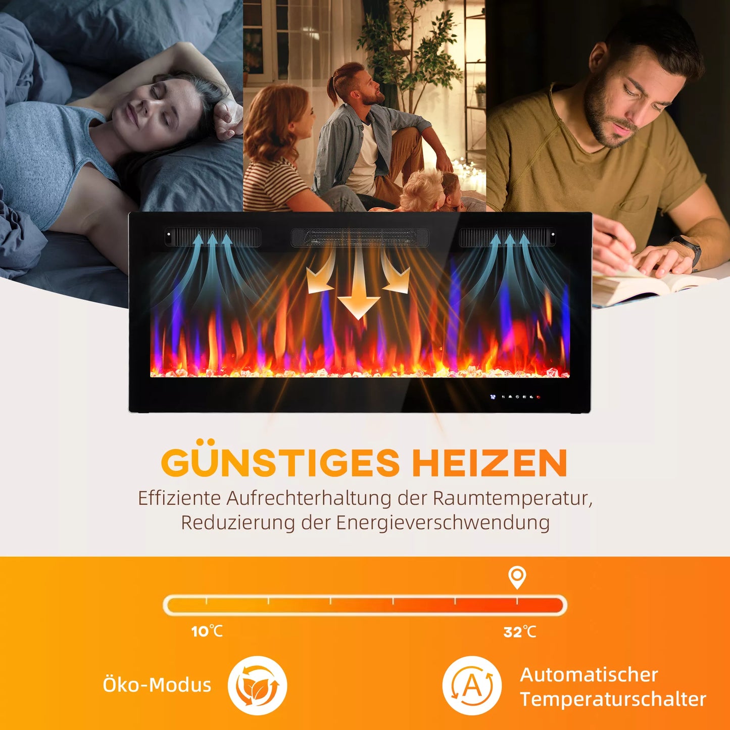 Elektrinis židinys, montuojamas prie sienos, reguliuojama liepsna, termostatas, laikmatis, plienas, juodas