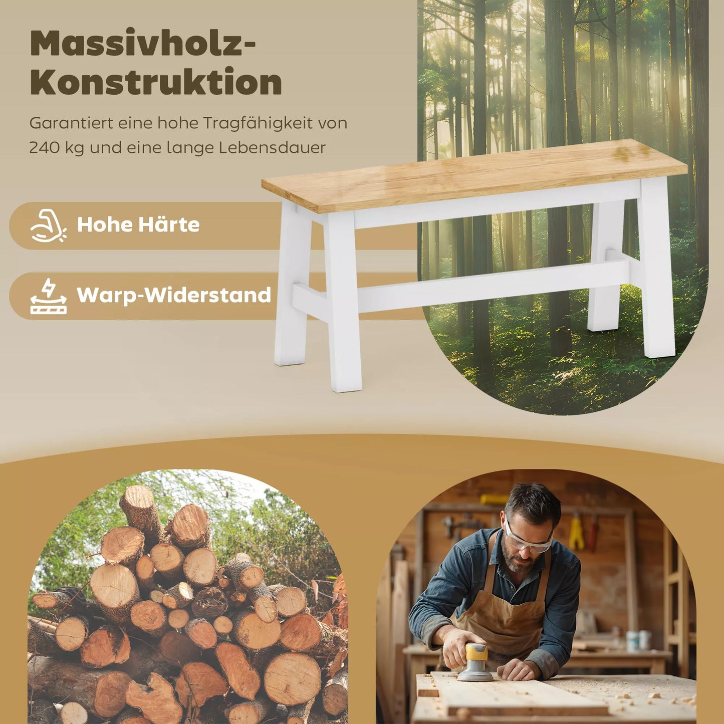 Suolas 2 vietoms, medinis suolas ąžuolo išvaizdos, su stabilizuojančia skersine atrama, skirtas svetainei, valgomajam, koridoriui, pagamintas iš kaučiukmedžio, baltos spalvos