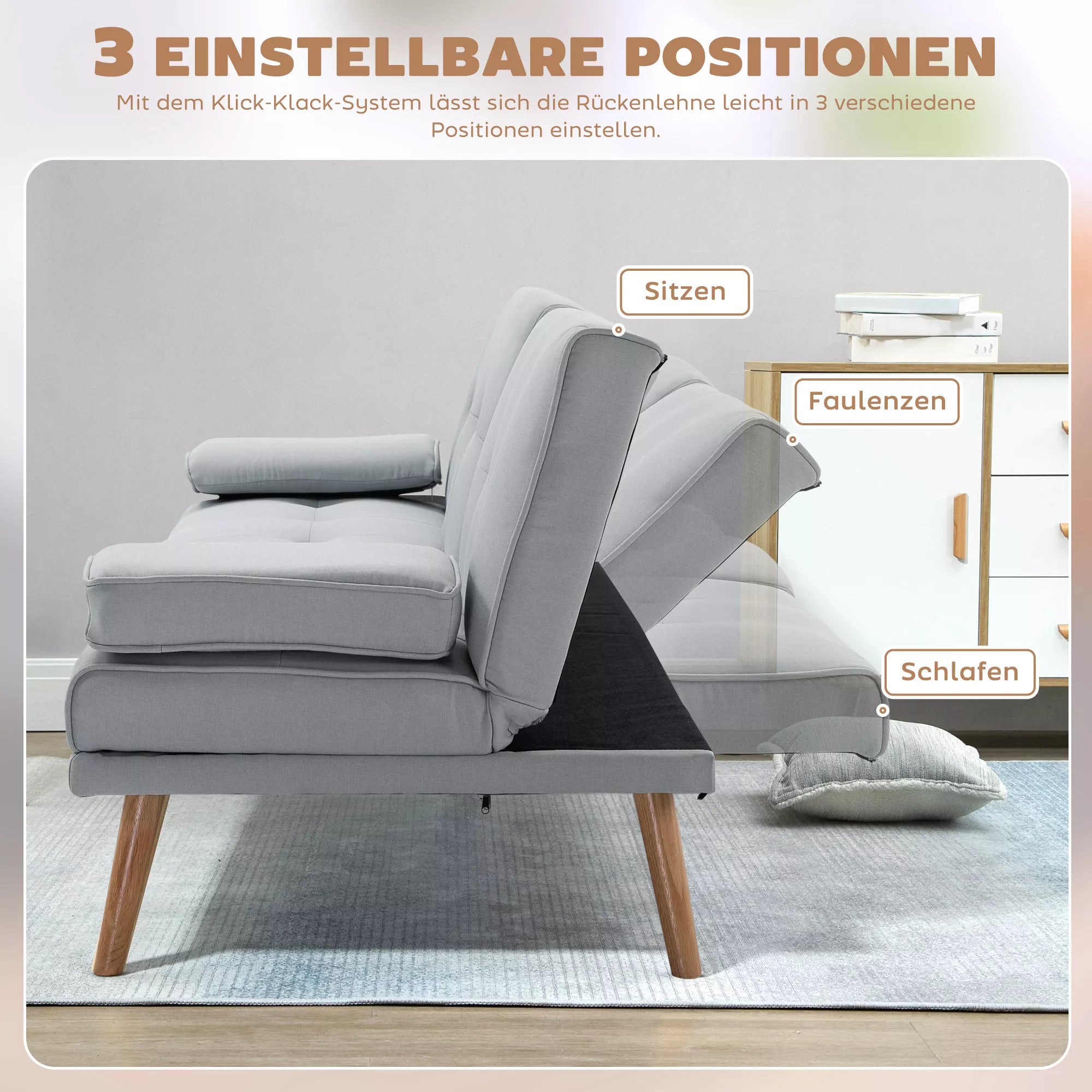 Miegamasis sofos, 3-vietė sofa, miegamasis sofos su atlenkiamu stalu, puodelių laikiklis, lino išvaizdos miegamasis sofos, svetainės svečių sofa, šviesiai pilkos spalvos
