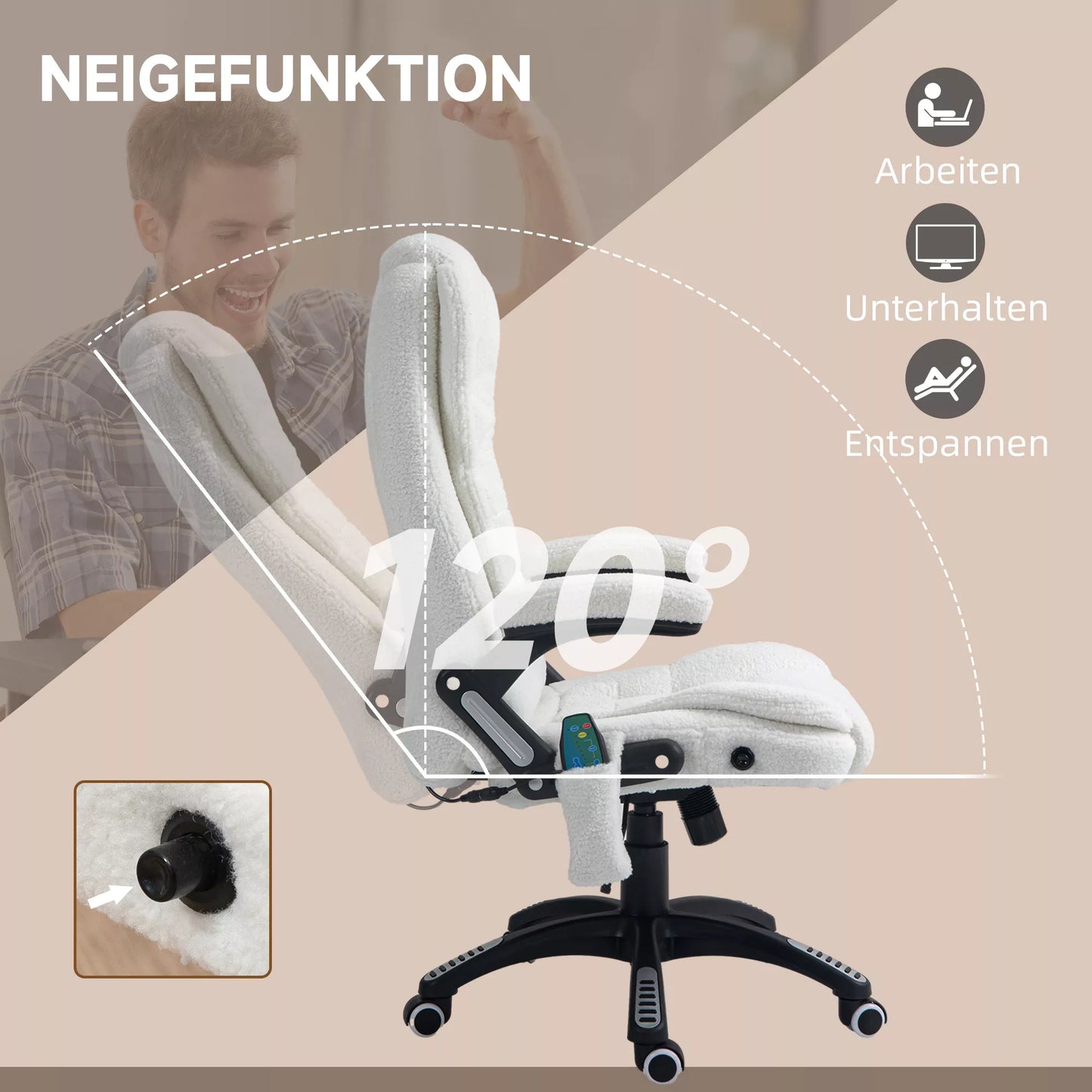 Biuro kėdė su masažo funkcija, reguliuojamo aukščio, 67 x 74 x 107-116 cm, balta