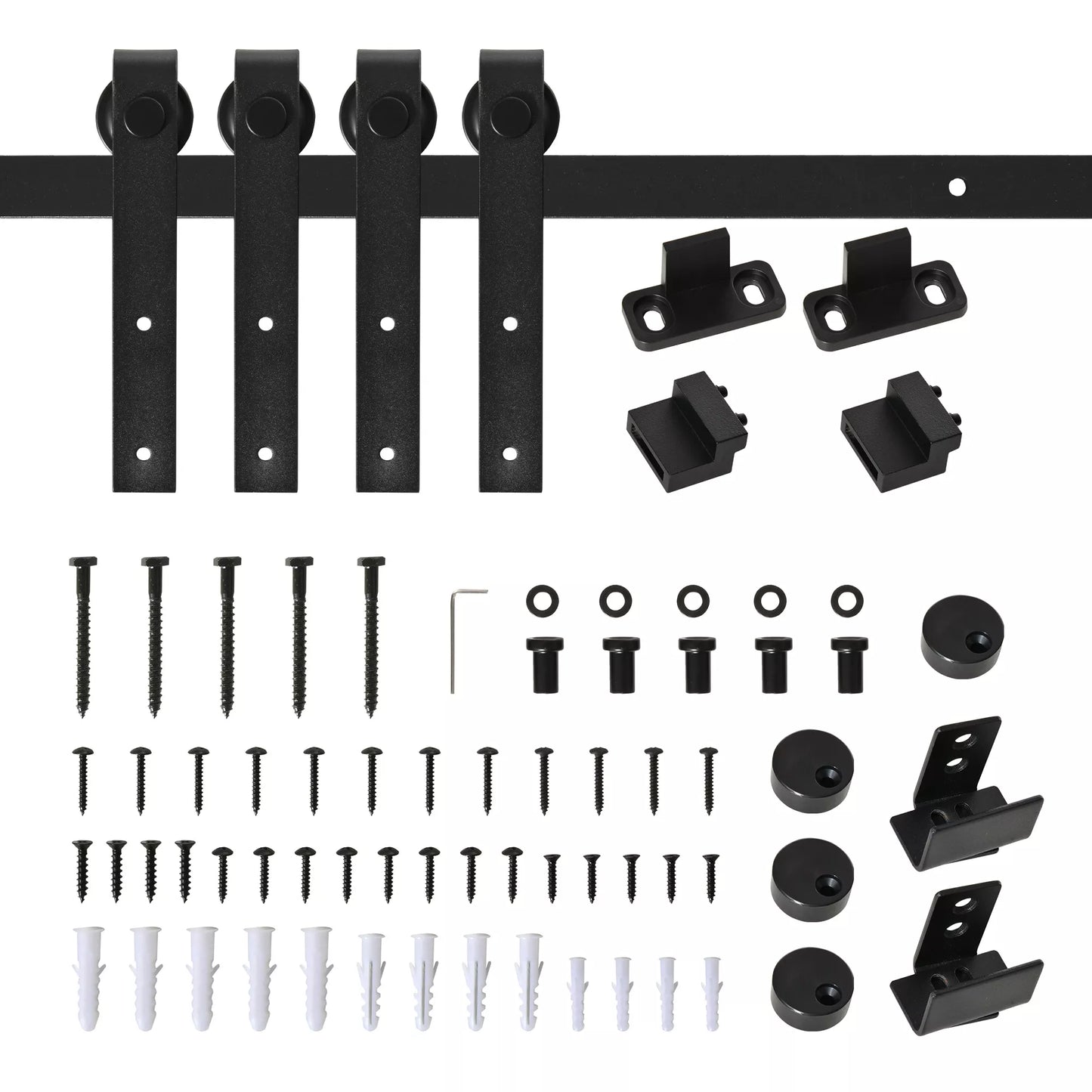 183 cm Pilnas stumdomųjų durų komplektas Stumdomųjų durų sistema su grindų kreipiančiąja, stumdomųjų durų bėgelis, ratukai, anglies plieno stumdomųjų durų furnitūra, dviguboms stumdomosioms durims