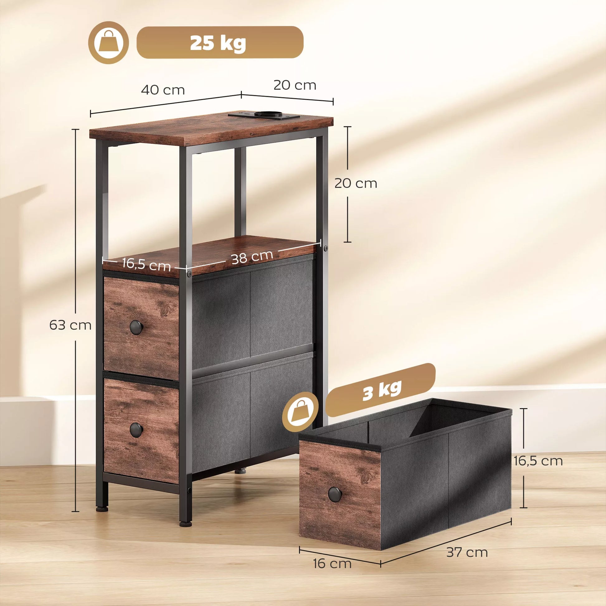 Staliukas su įkrovimo stotele, plieninis rėmas, 2 audinio stalčiai, atvira dėžė, 20 cm x 40 cm x 63 cm, rusvi