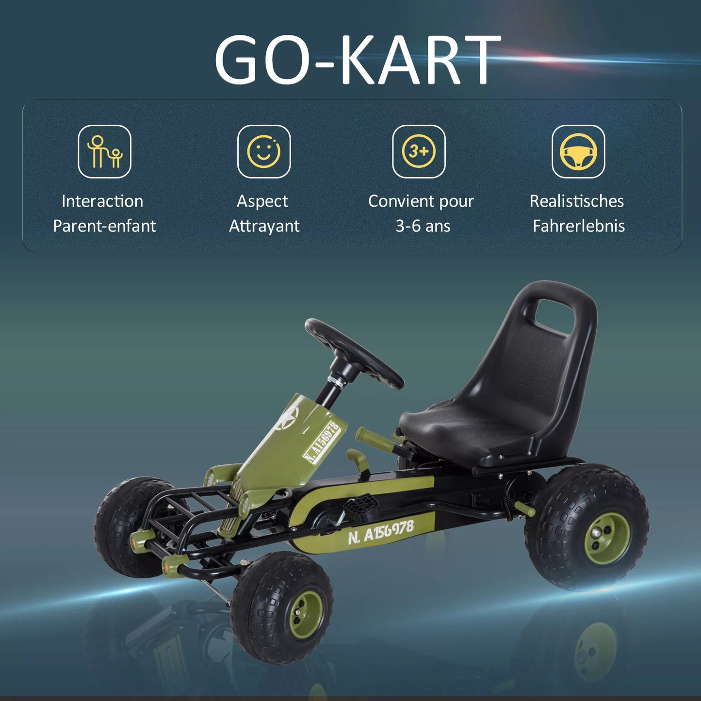 HOMCOM Go Kart pedalinis automobilis su rankiniu stabdžiu, pavaromis pirmyn ir atgal, vaikiška transporto priemonė pedalais su reguliuojama sėdyne vaikams 3-6 metų, 99 x 65 x 56cm žalias
