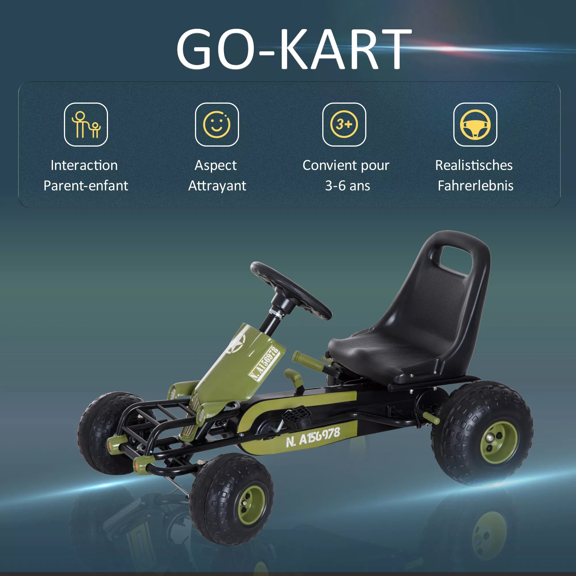 Žalias vaikų pedalinis go-kart automobilis trijų–šešių metų vaikams