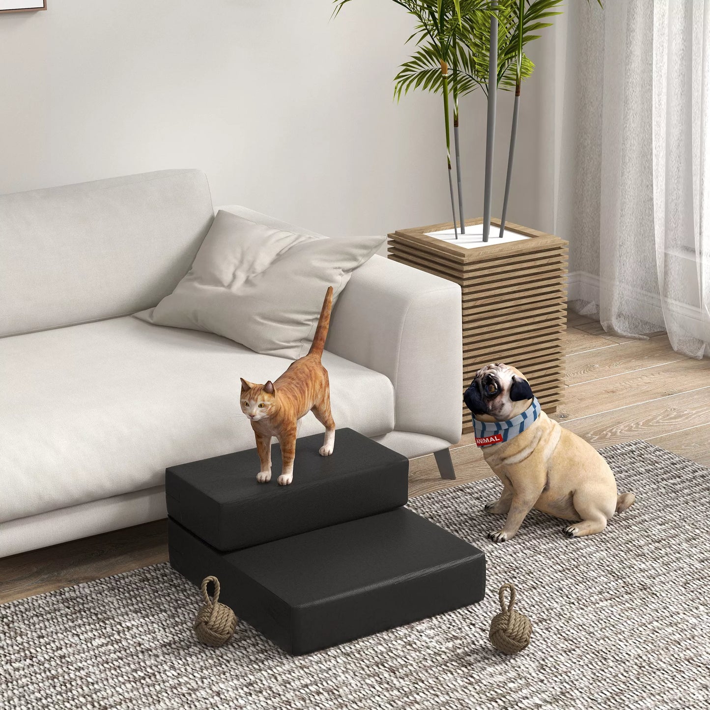 Naminių gyvūnėlių laipteliai, 2 pakopos, sulankstomi, šunų laipteliai, pagrindas katėms ir šunims, juodi, ilgis 45 x plotis 39 x aukštis 20 cm