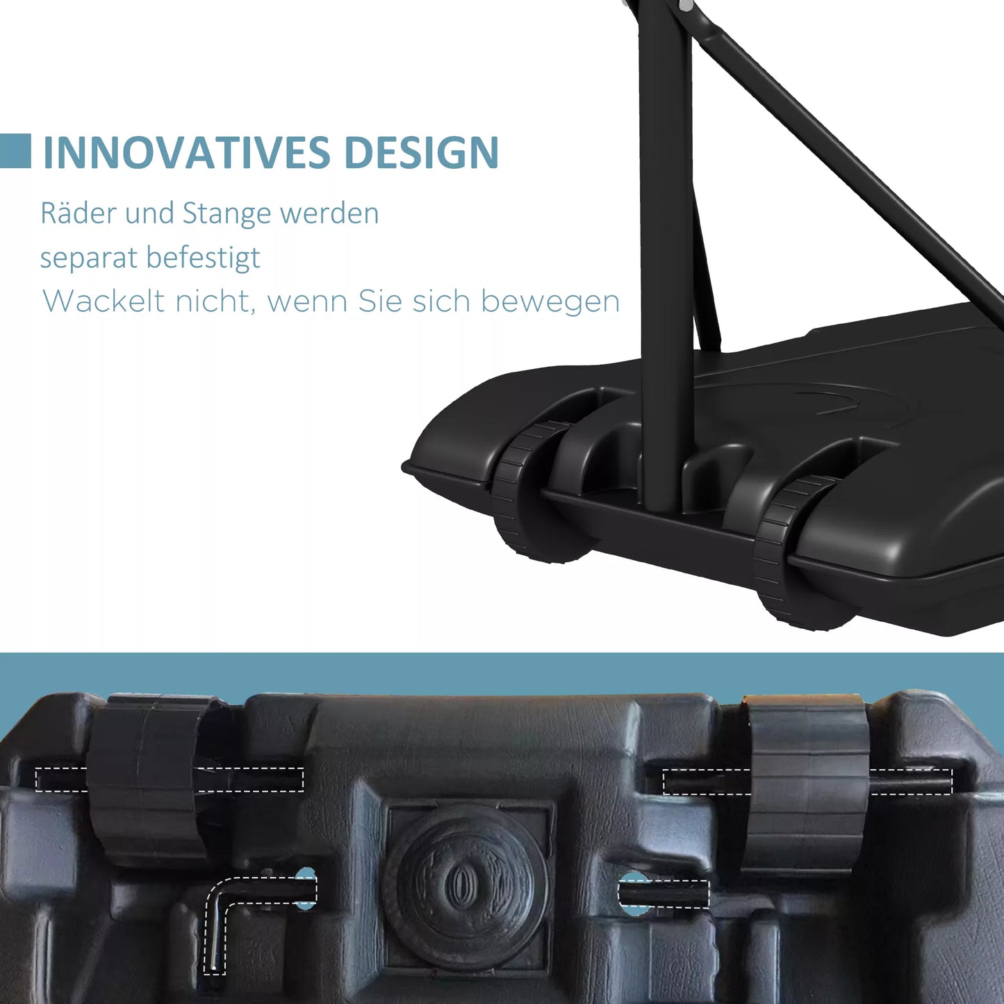 Mobilus krepšinio stovas, reguliuojamo aukščio, užpildomas, su atsparia dūžiams galine plokšte, krepšio aukštis 1,82 - 2,13 m, juodas