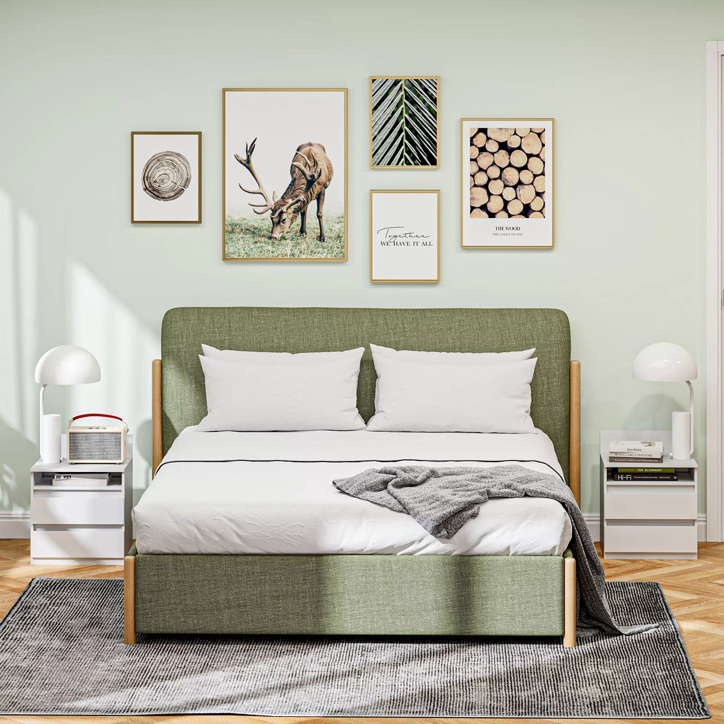 Naktinis staliukas 2 vnt. komplekte su stalčiais ir lentyna, modernus, baltos spalvos, miegamajam