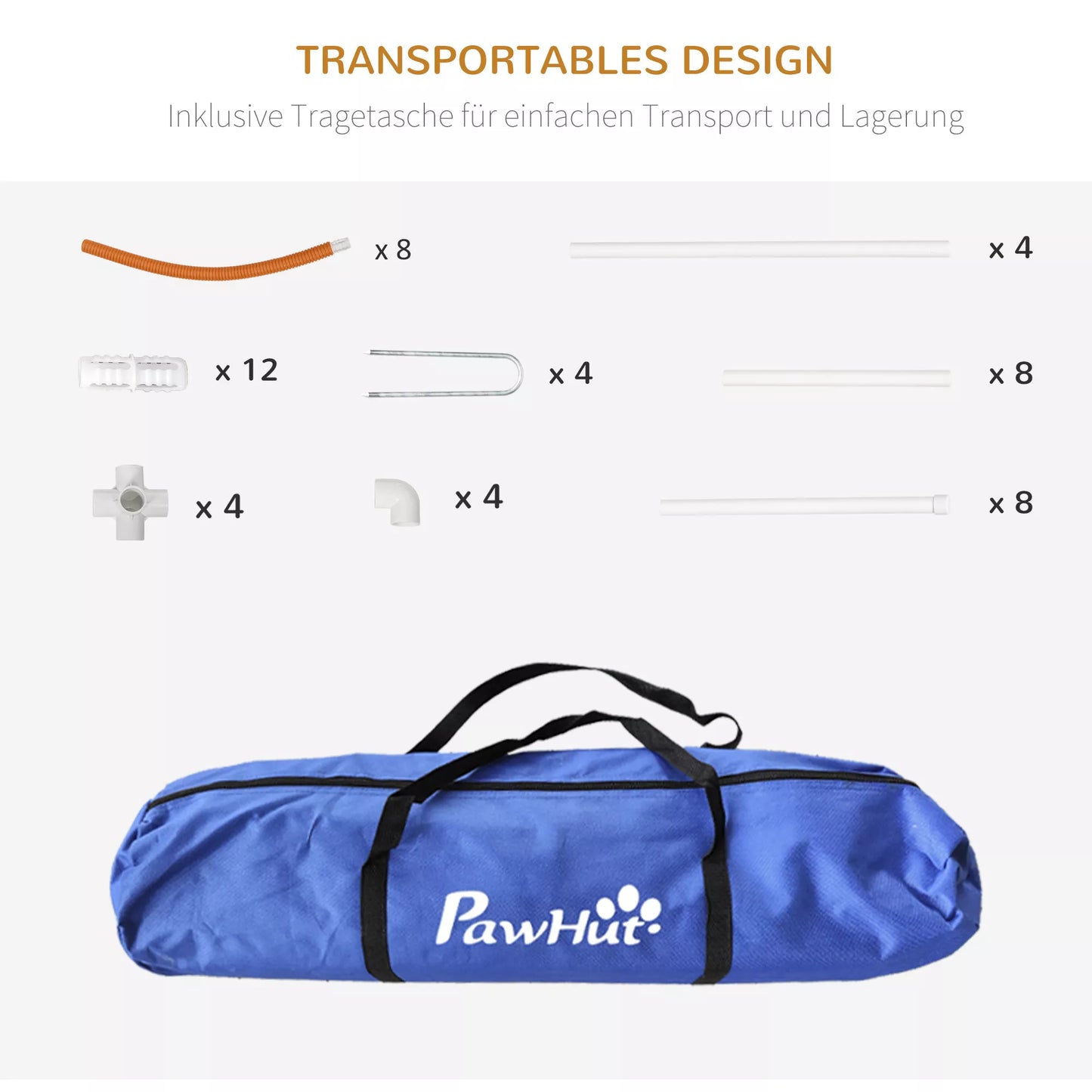 Agility rinkinys šunims, 4 dalių, su nešiojimo krepšiu, plastikas, 89x69x99 cm, balta+oranžinė