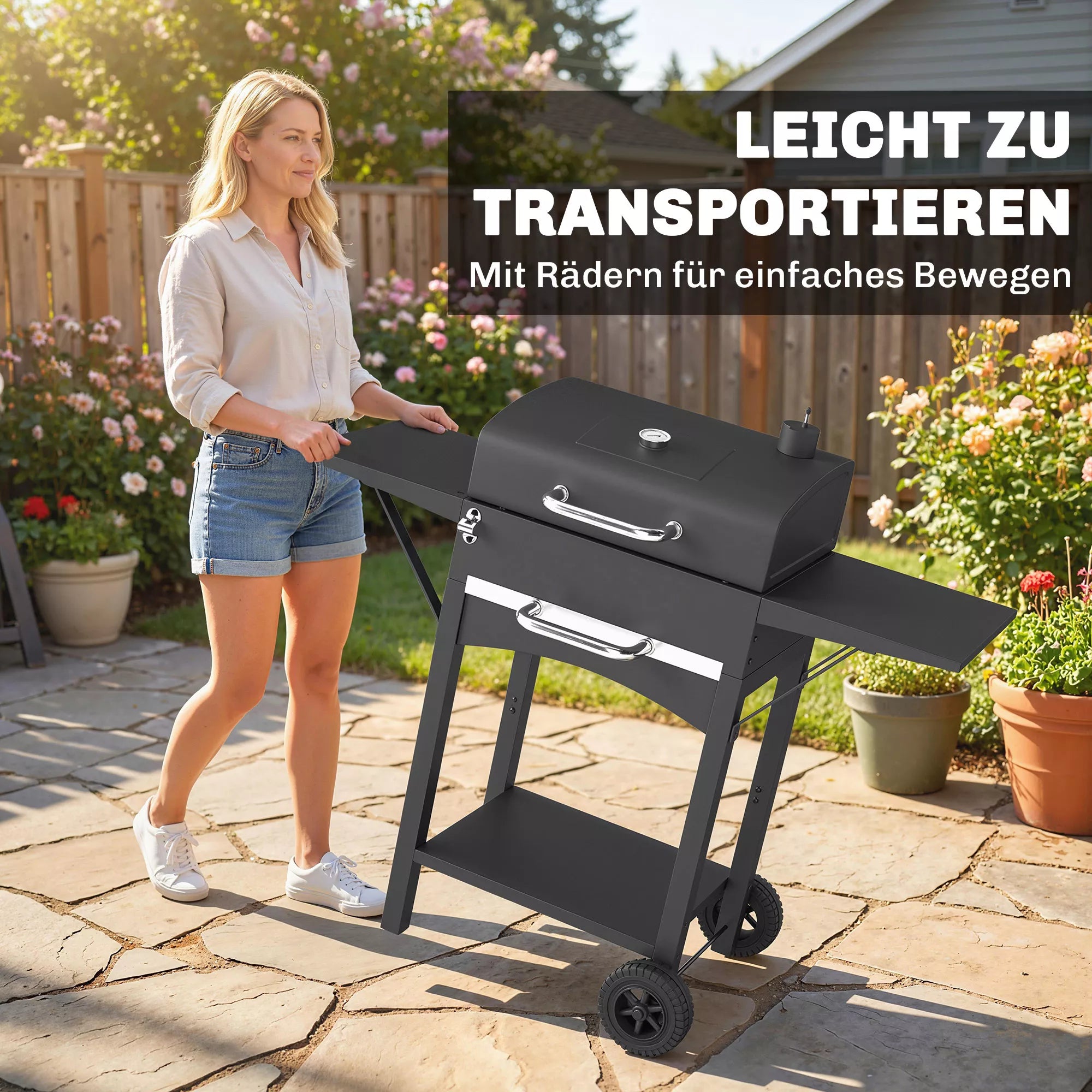 Anglies grilis su dangčiu, BBQ rūkymo grilis su 2 šoniniais stalais Didelis grilio paviršius Grilio grotelės Termometras Ratai