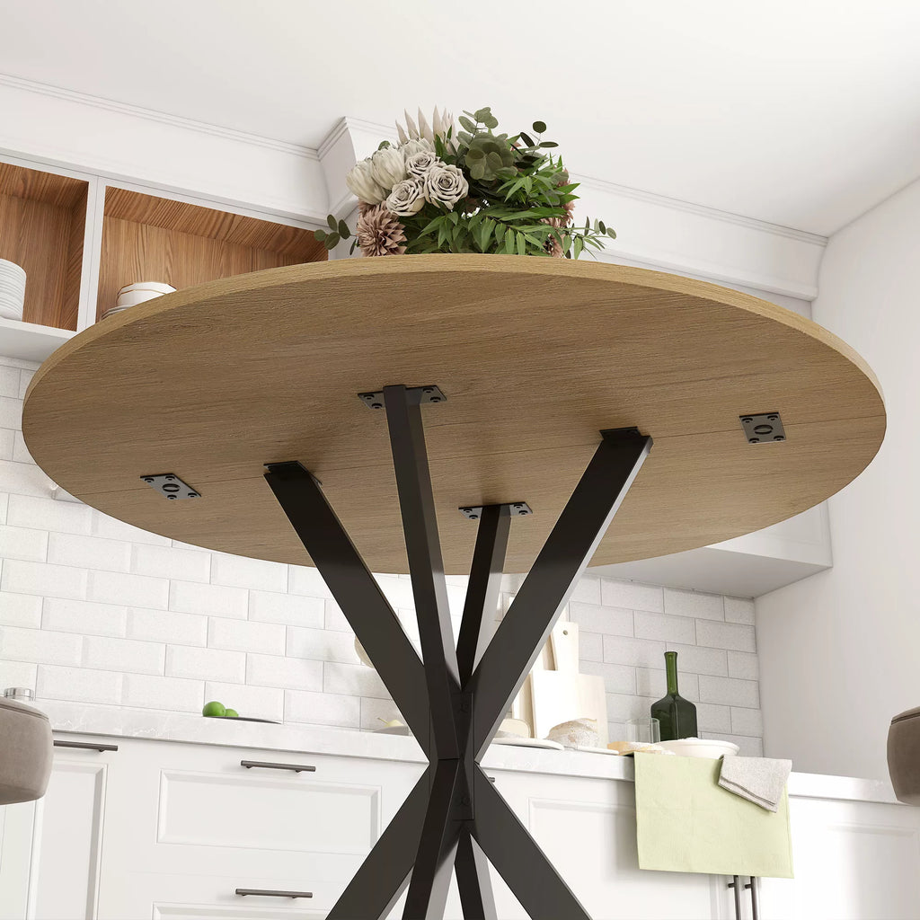 Apvalus virtuvės stalas, 80 cm, kompaktiškas stalviršis, medžio drožlių plokštė, metalas, balto ąžuolo+juoda