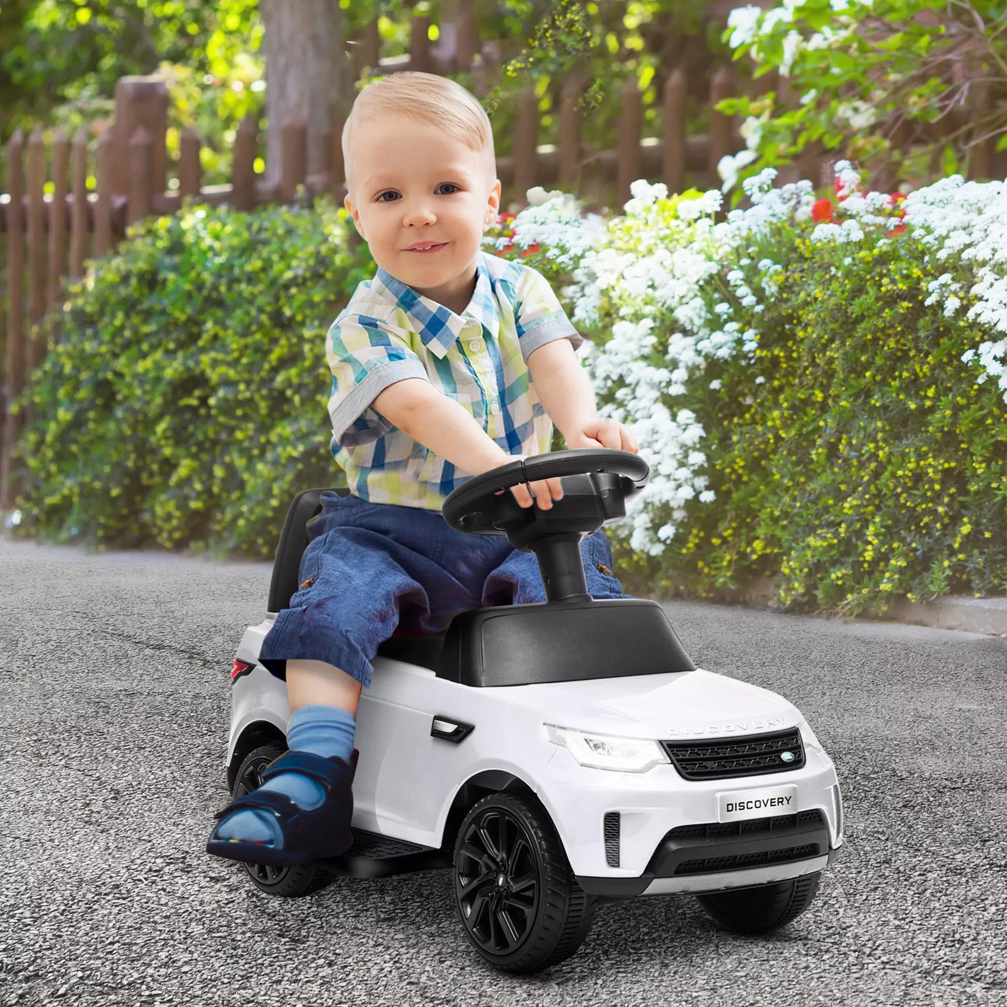 Elektrinis vaikų automobilis 6 V, „Land Rover“, važiavimo/stumimo režimas, žibintai, muzika, baltas