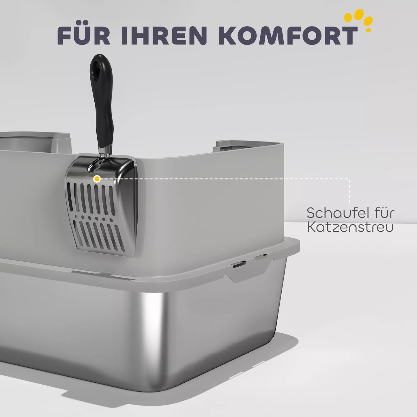 Atviras kačių tualetas su aukštu kraštu ir mentele, nerūdijantis plienas, katėms iki 7 kg, 60,2 x 40,2 x 29,5 cm, pilkos spalvos