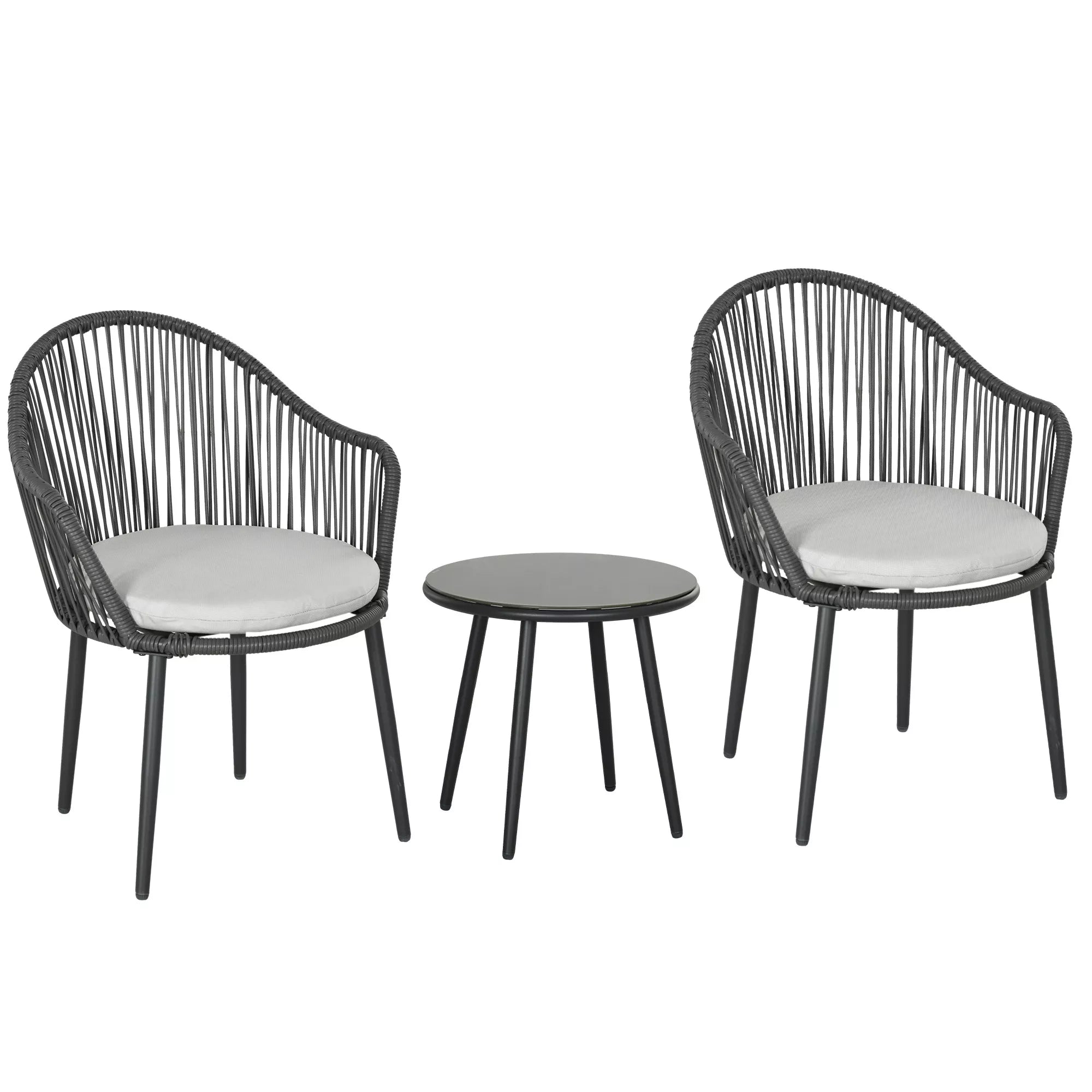 Bistro komplektas, rotango sofos komplektas, lauko baldų komplektas, 2 kėdės, 1 stalas, atsparus oro sąlygoms, 65 x 63 x 80 cm, Tamsiai pilkas + Šviesiai pilkas