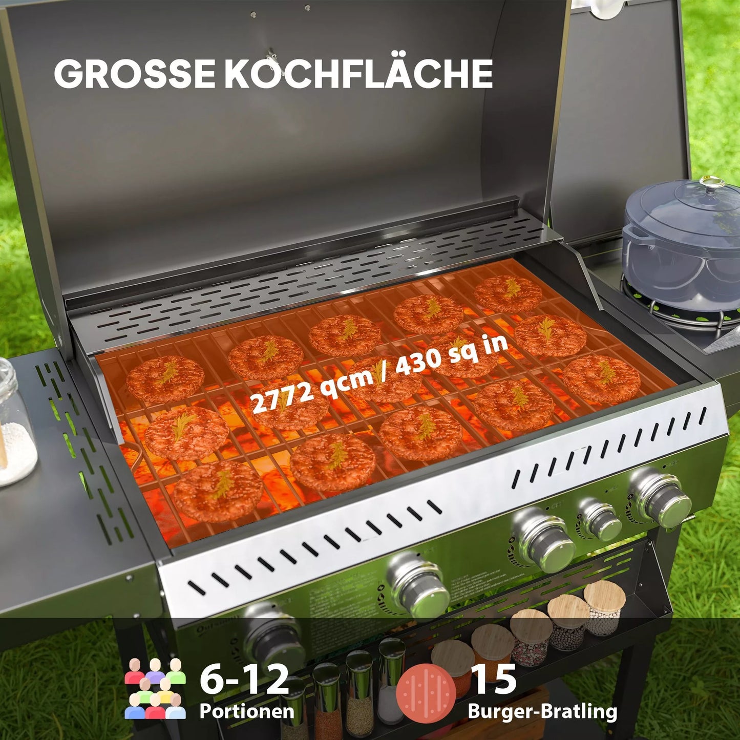 Dujinė kepsninė, BBQ kepsninė, 4 pagrindiniai degikliai, 1 šoninis degiklis, 1 pašildymo plokštelė; 135 x 55 x 103 cm, Juoda