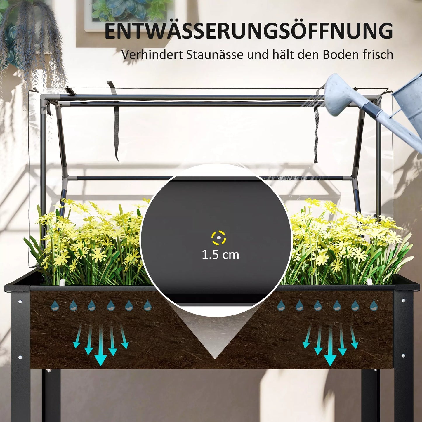 Aukštas lysvė su šiltnamio stogu, pakelta augalų dėžė su drenažo skylėmis, 100 x 48 x 124 cm, juoda