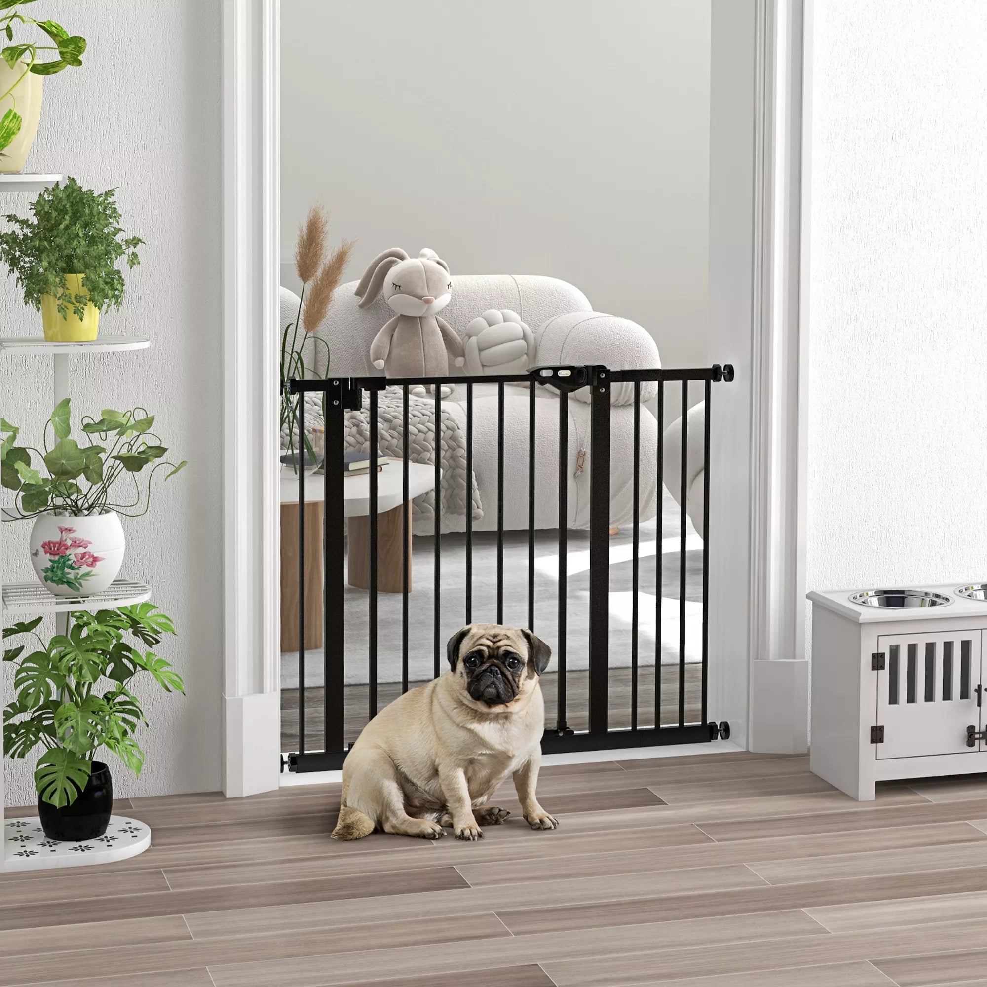 Durų apsauginės grotelės šunims, užtvaros, apsauginės grotelės naminiams gyvūnams, metalas, plastikas, 74–80/87–94 cm, juodos spalvos