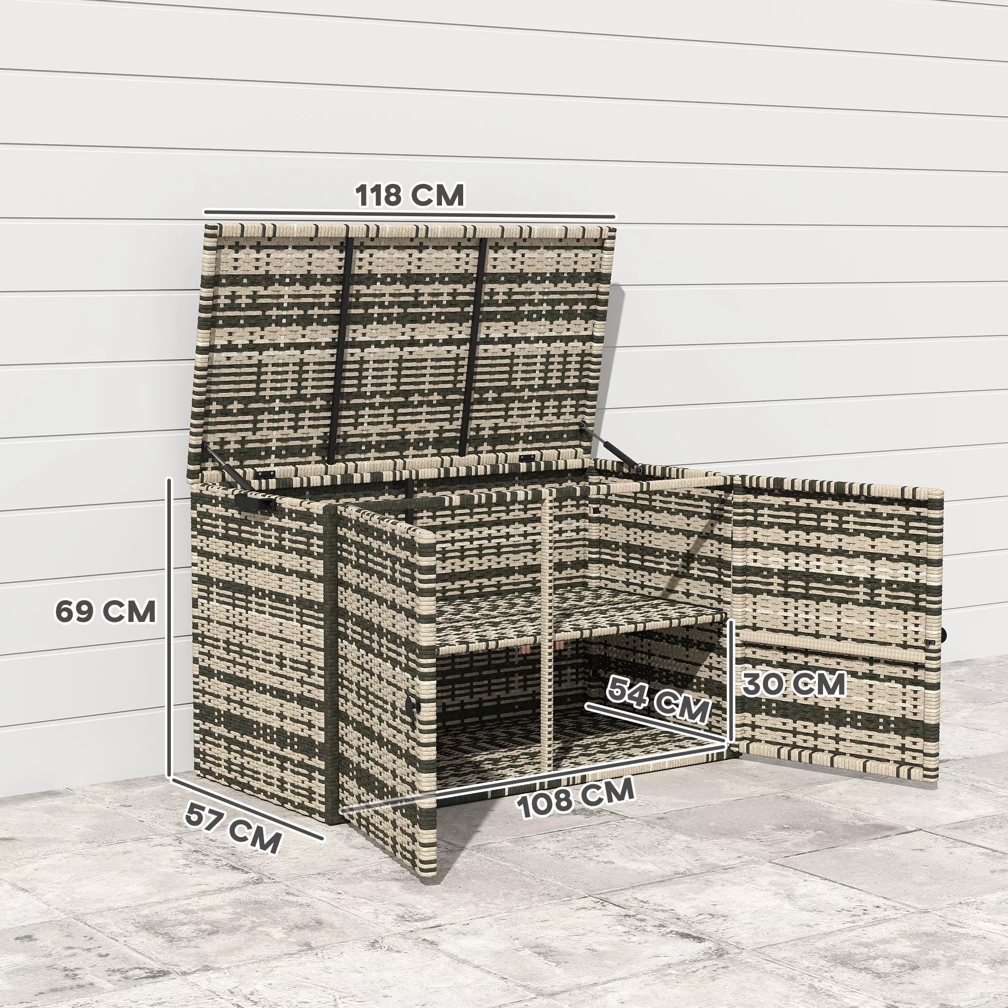 Rattan laikymo dėžė 350L 2-lygių pagalvėlių dėžė su dangčiu, kėlimo rankenomis, nešimo rankenomis 118 x 57 x 69 cm mišrios pilkos spalvos