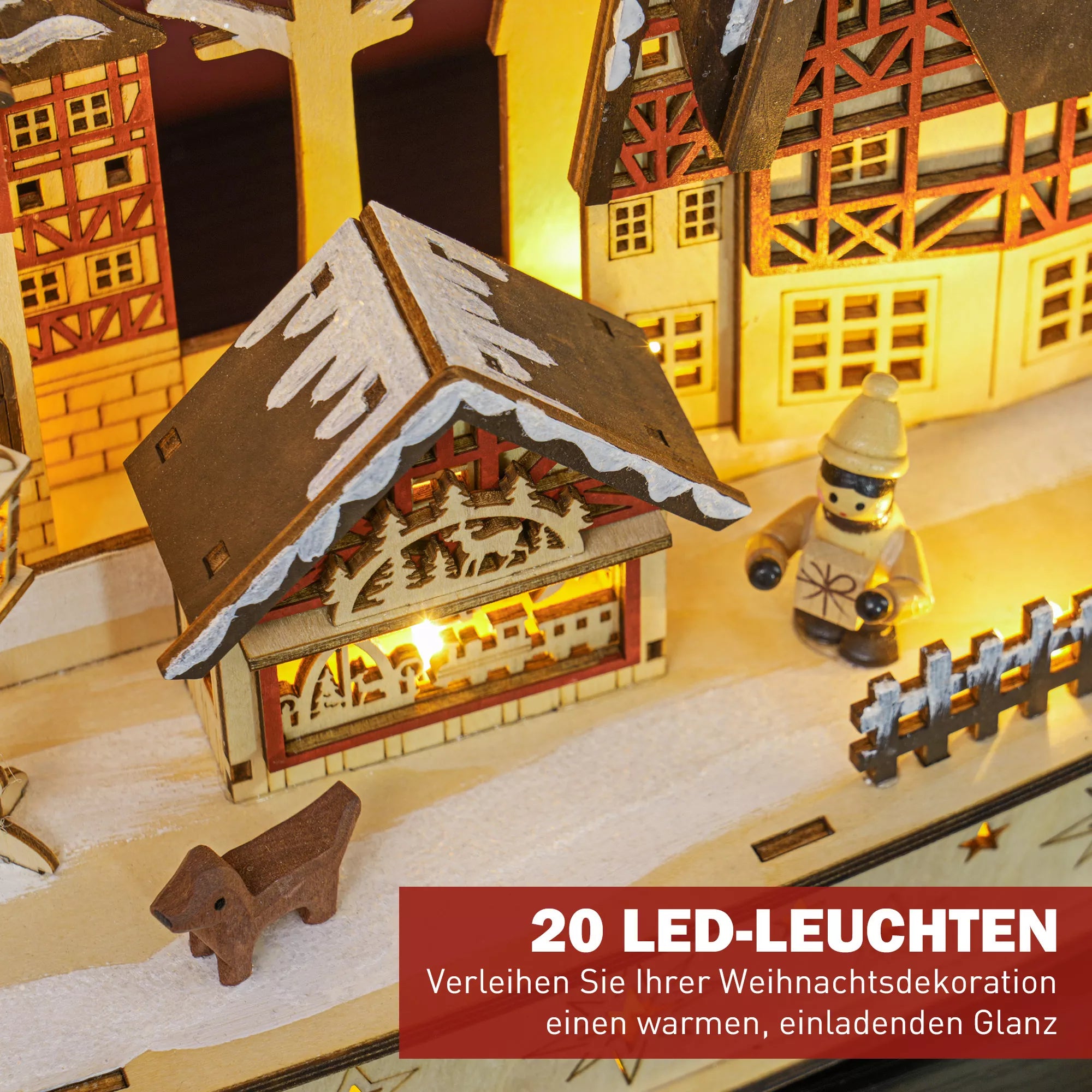 Kalėdinis kaimelis žiemos stebuklų šalyje, 20 LED lempučių, daugiasluoksnis, natūralaus medžio, 45 x 12 x 30 cm