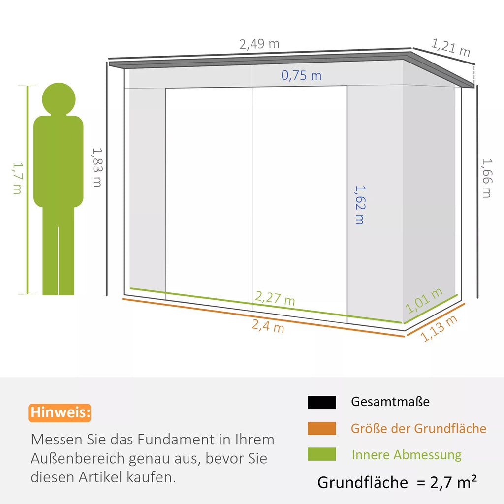 Metalinis sodo sandėliukas įrankiams su dvigubomis durimis ir ventiliacijos angomis 249x121x183 cm, 2,7 m², šviesiai pilkas