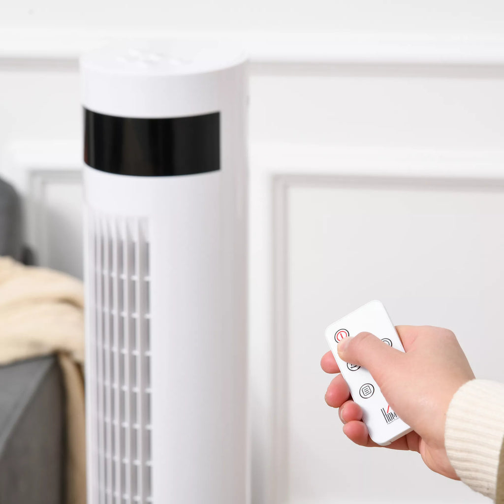 Bokštinis ventiliatorius, stovinis ventiliatorius su 3 ventiliacijos greičiais, nuotolinio valdymo pultas, 50 W ventiliatorius su 12 val. laikmačiu, LCD ekranas, 85° svyravimas, miegamajam, baltas